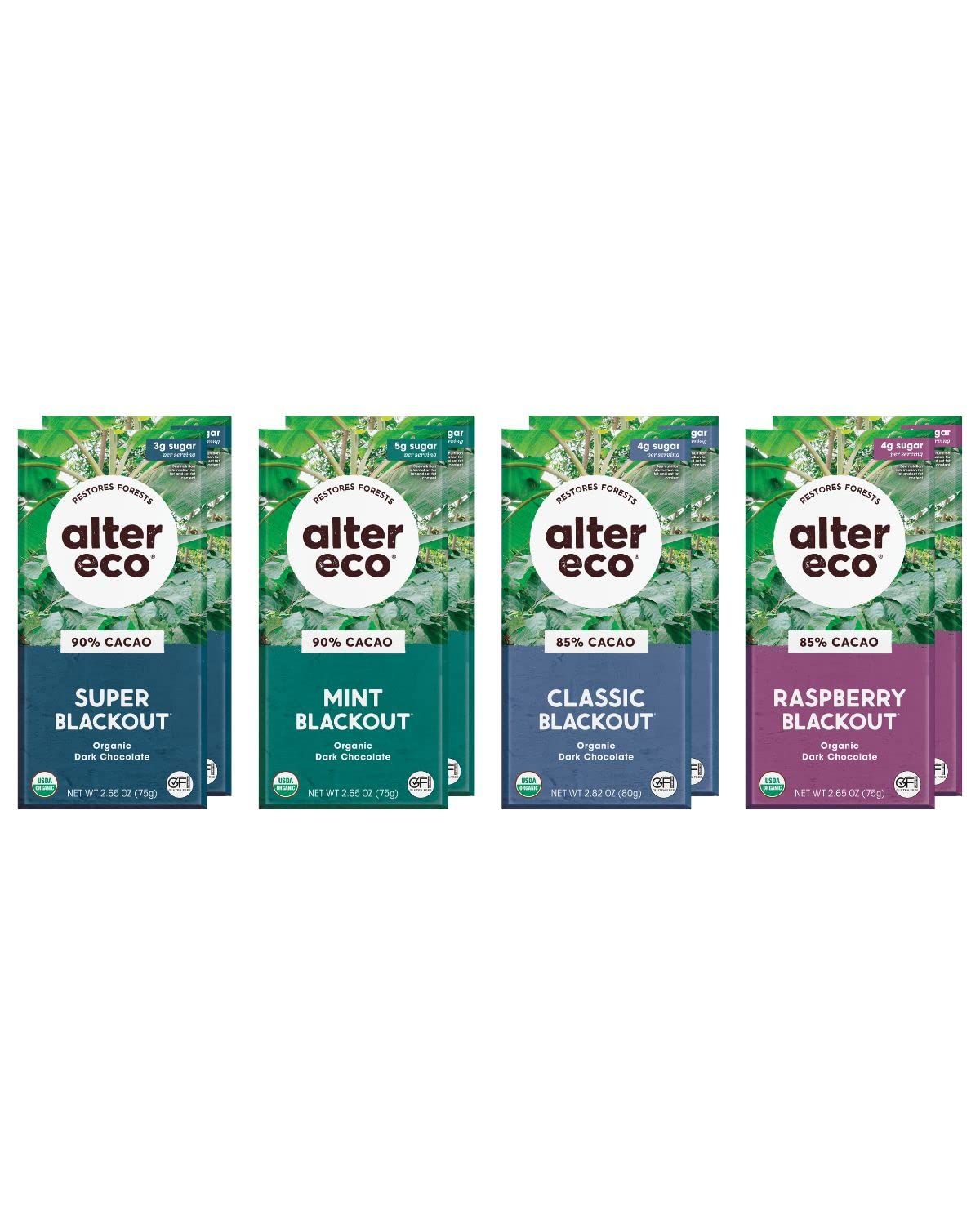 Alter Eco | Blackout Variety Pack | Pure Dark Cocoa  Fair Trade  Organic  Non-Gmo  Gluten Free Dark Chocolate Bars - (4 Flavors - 8 Bars)