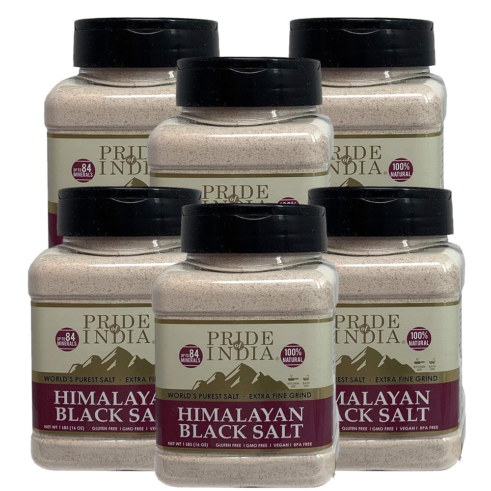 Pride Of India Himalayan Black Salt (Kala Namak) Extra Fine, 1 lb Dual Sifter Jar, Pack of 6, 84+ Natural Minerals