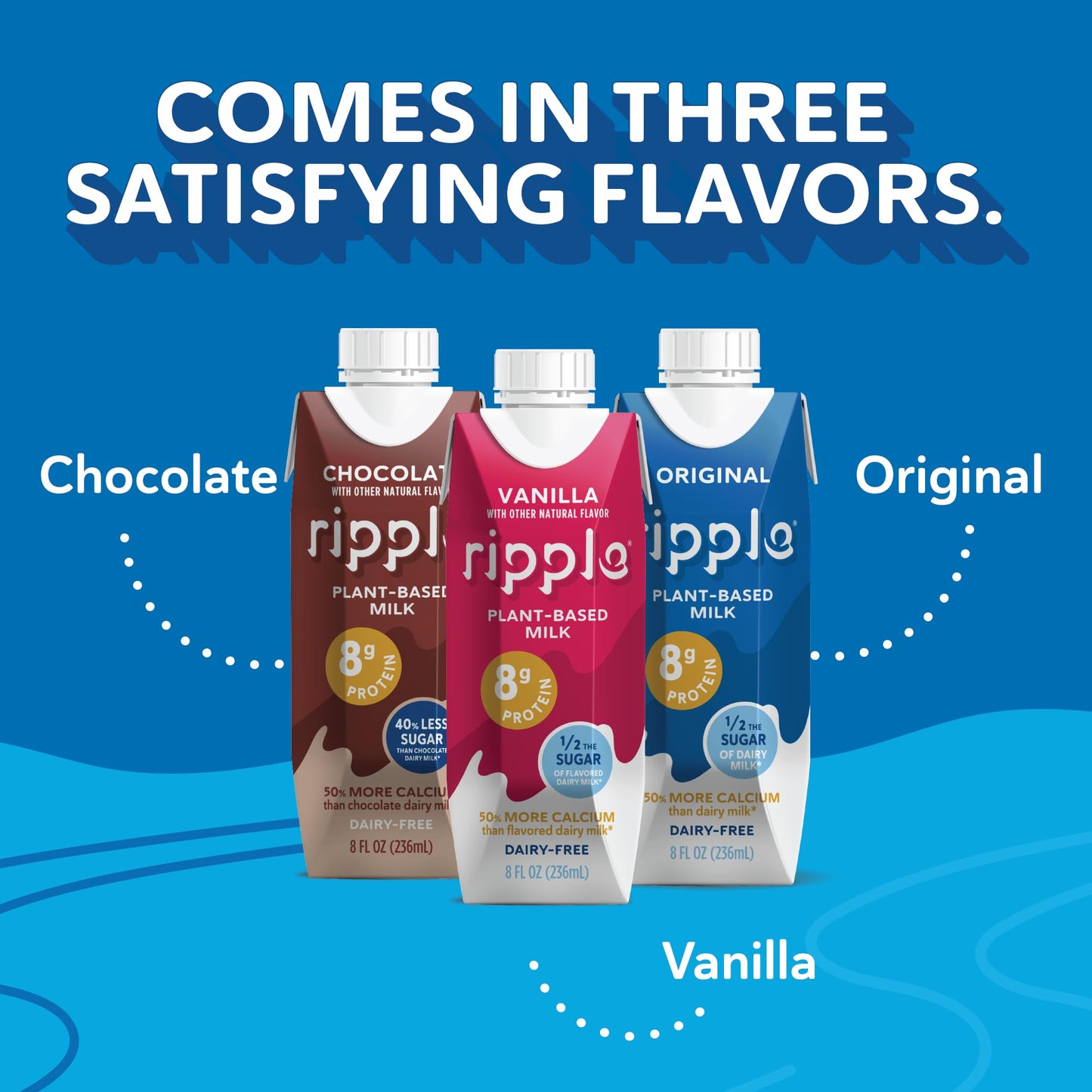 Ripple Non-Dairy Milk, Vanilla | Vegan Milk With 8g Pea Protein | Shelf Stable Single Serve Cartons | On-The-Go | Non-GMO, Plant