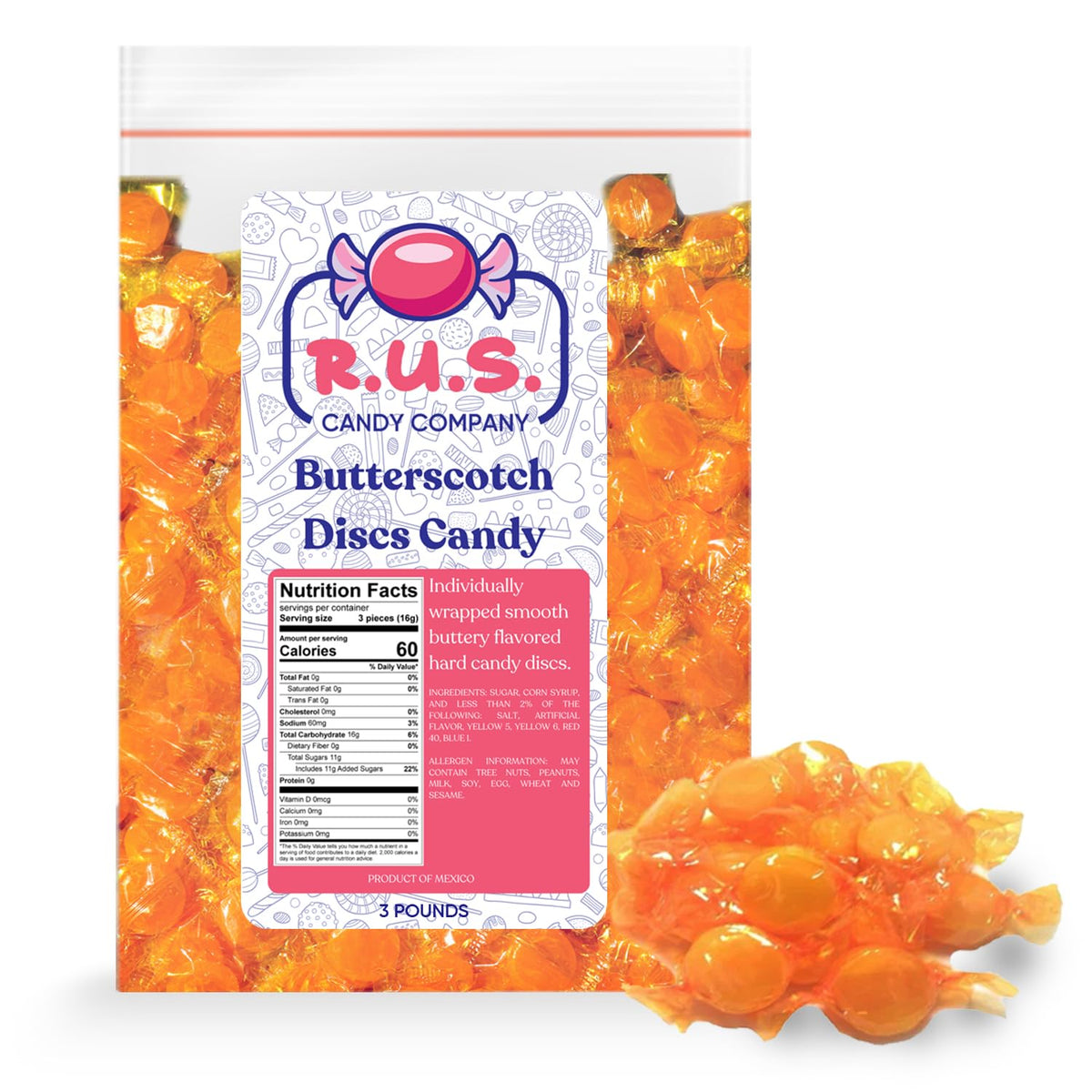 R.U.S. Candy Company Butterscotch Disc Candy - 3 Pound Bag - Classic Hard Candy, Gluten-Free, Perfect For Parties And Gift Giving (3 Pound, Butterscotch)