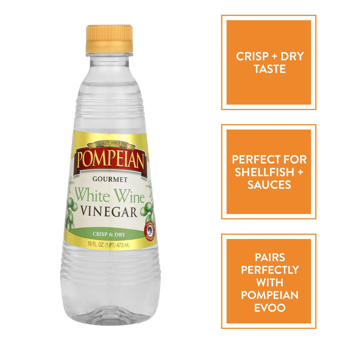 Pompeian Gourmet White Wine Vinegar, Bright Flavor, 16 Fl Oz, Pack of 6