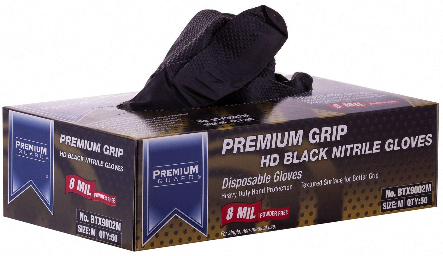 Premium Guard - Nitrile Gloves Heavy Duty 8 Mil Disposable, Powder Free, Black, 50 Gloves Per Box (Medium)