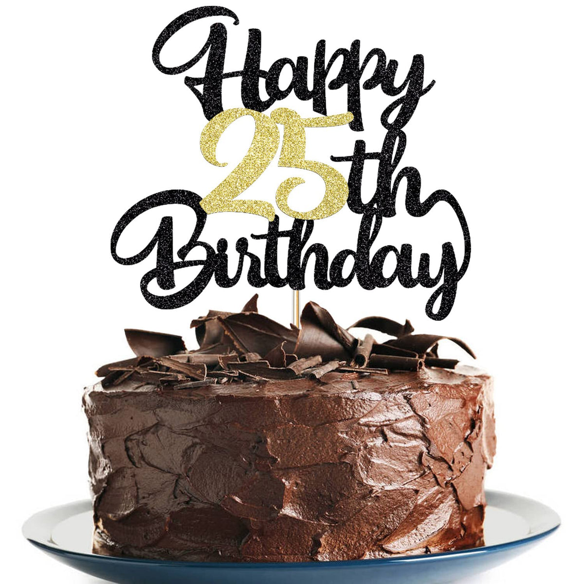 Klionjor 25th Birthday Cake Topper - Black Gold Glitter Cardboard Decoration