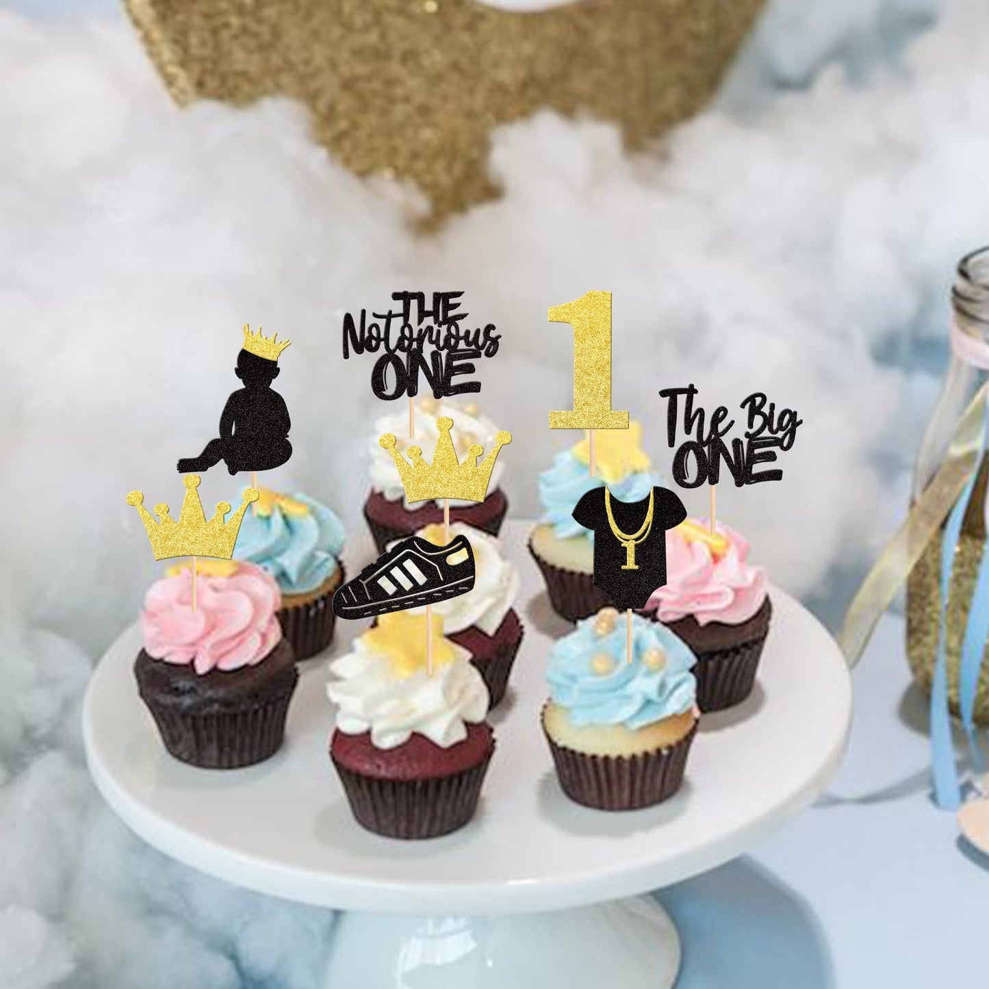 28 Pcs The Notorious One Cupcake Toppers Black Glitter Hip Hop 1St Birthday Cupcake Picks The Big One Number 1 Cake Decorations