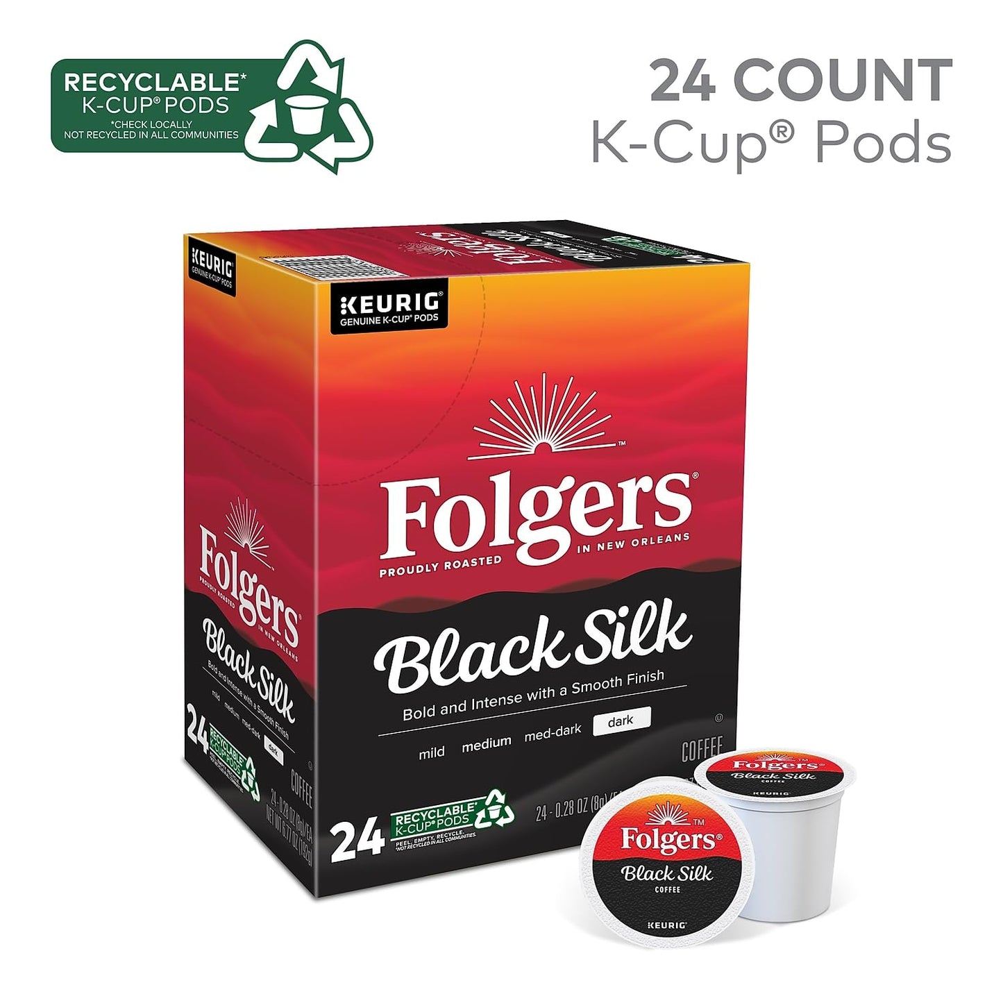 Folgers Single-Serve Coffee K-Cup Pods, Black Silk, 24 Count, Coffee