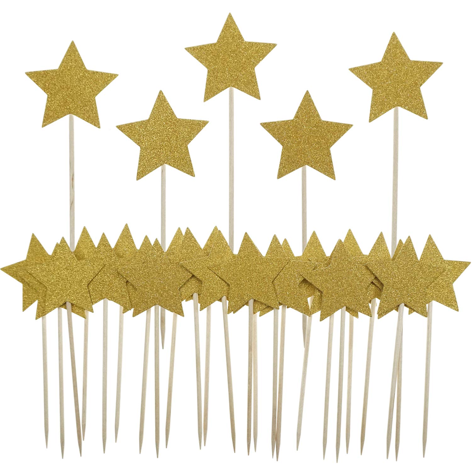Bilipala Gold Star Cake Cupcake Decorations Toppers Picks Supplies, Appetizer Picks, 30 Counting