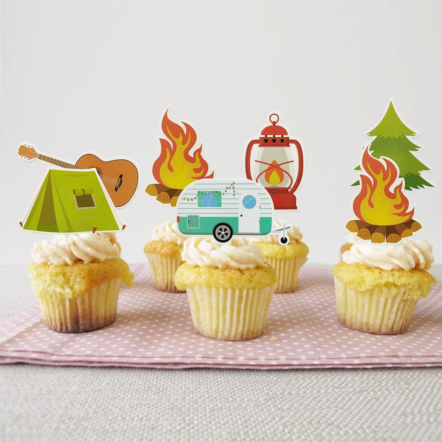 Mulukaya 24Pcs Camping Cupcake Toppers - Tent, Bonfire, Guitar - Birthday Party Cake Decoration Supplies
