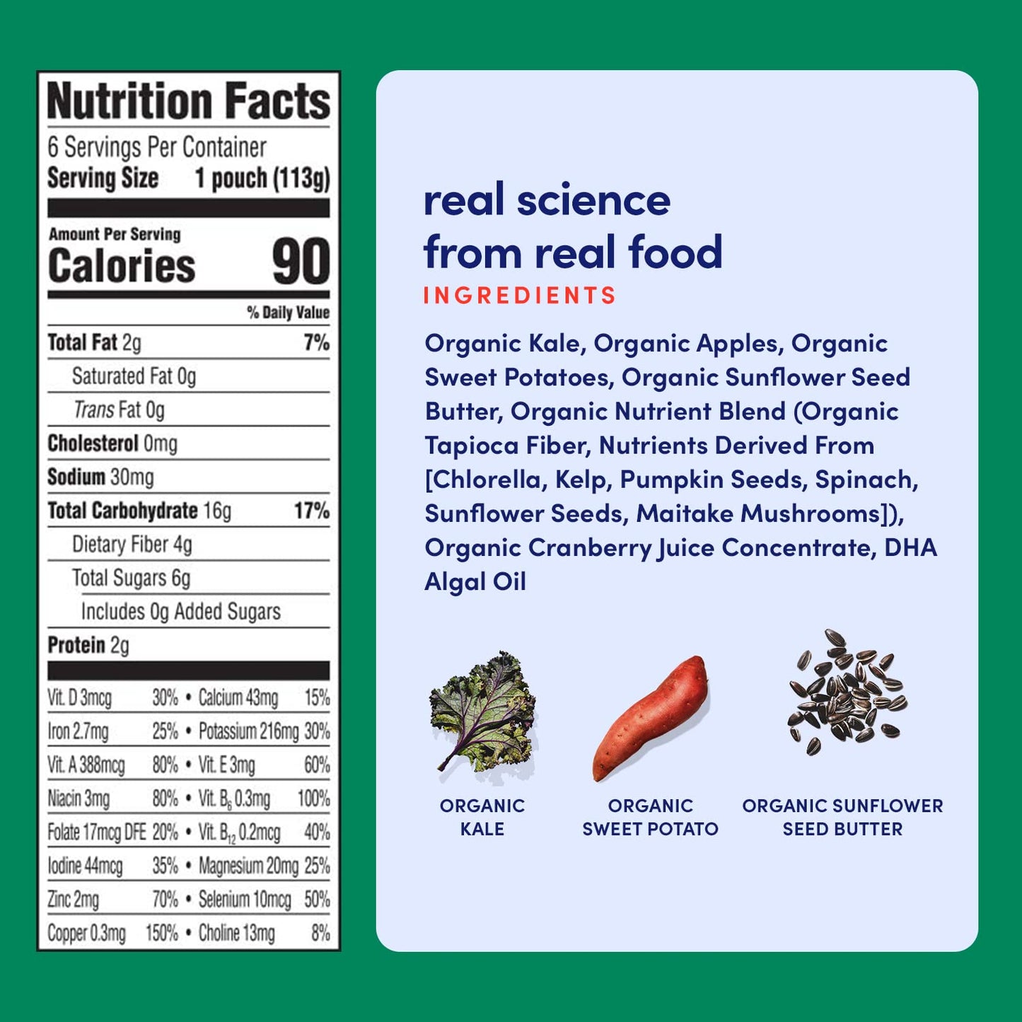 Cerebelly Organic Baby Food Pouches, Kale Sweet Potato Apple Purees, 16 Nutrients, No Added Sugar, Fiber & Non-GMO, 4oz, 12 Pack