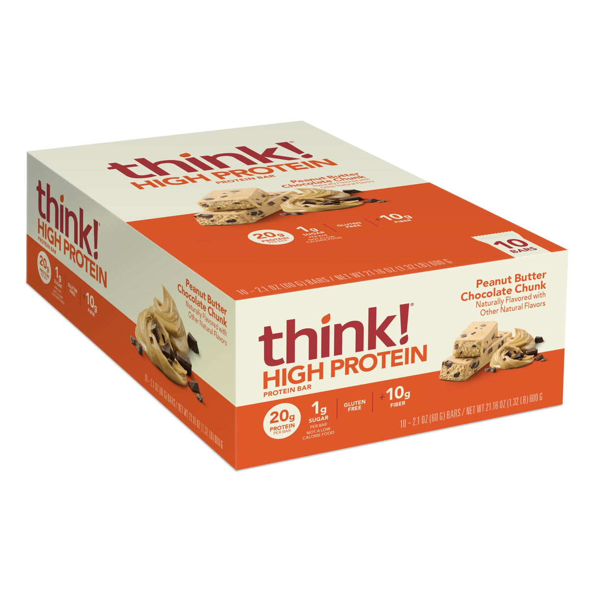 Think! Protein Bars, High Protein Snacks, Gluten Free, Kosher Friendly, Peanut Butter Chocolate Chunk, 10 Count