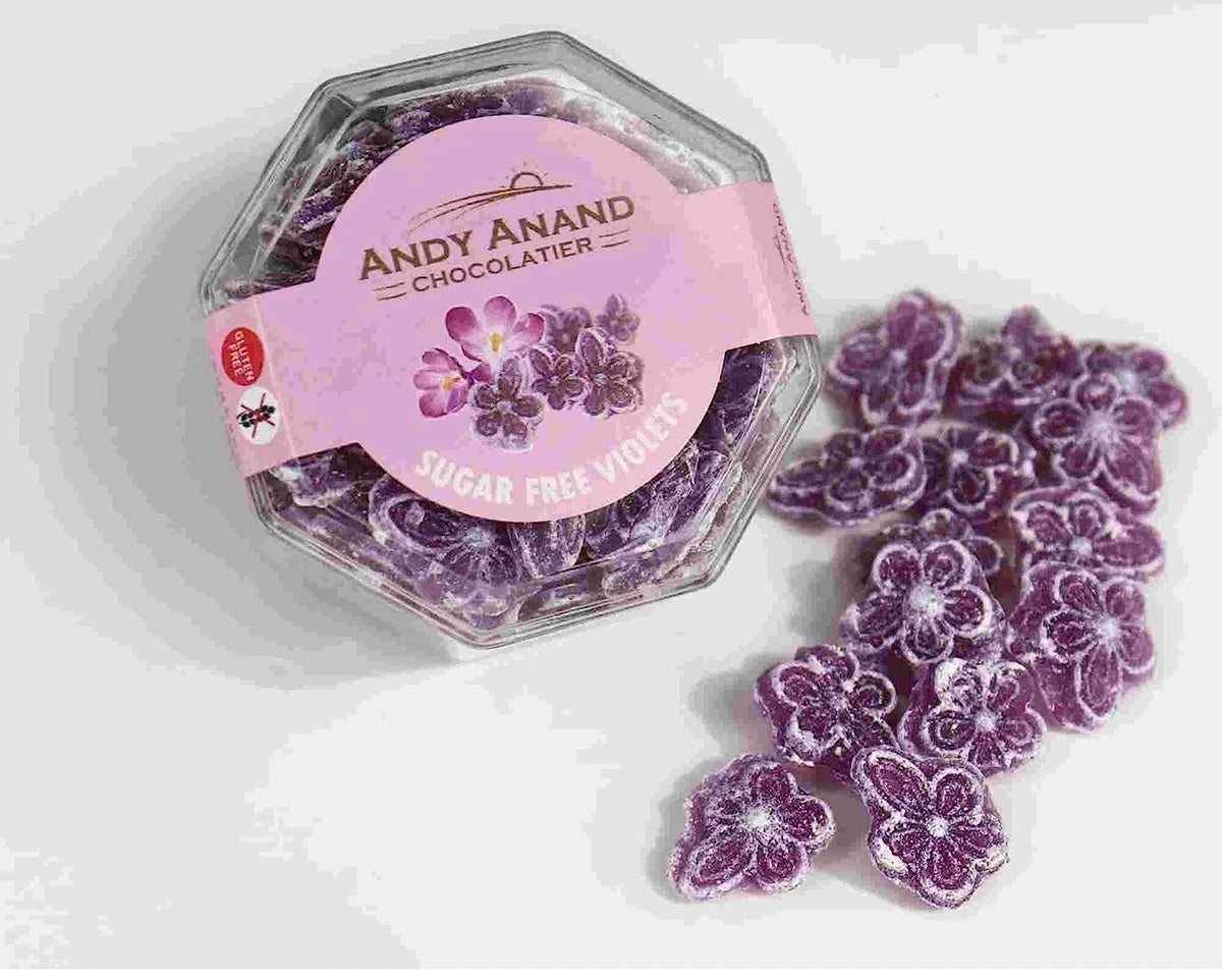 Andy Anand Sugar Free Candy Violets 50Pc - Typical Old Fashioned Hard Candy Dragee - Flower Shaped Five Petals Stevia Candy - Zero Sugar Candy With The Essence Of Violet & Sweetened With Stevia