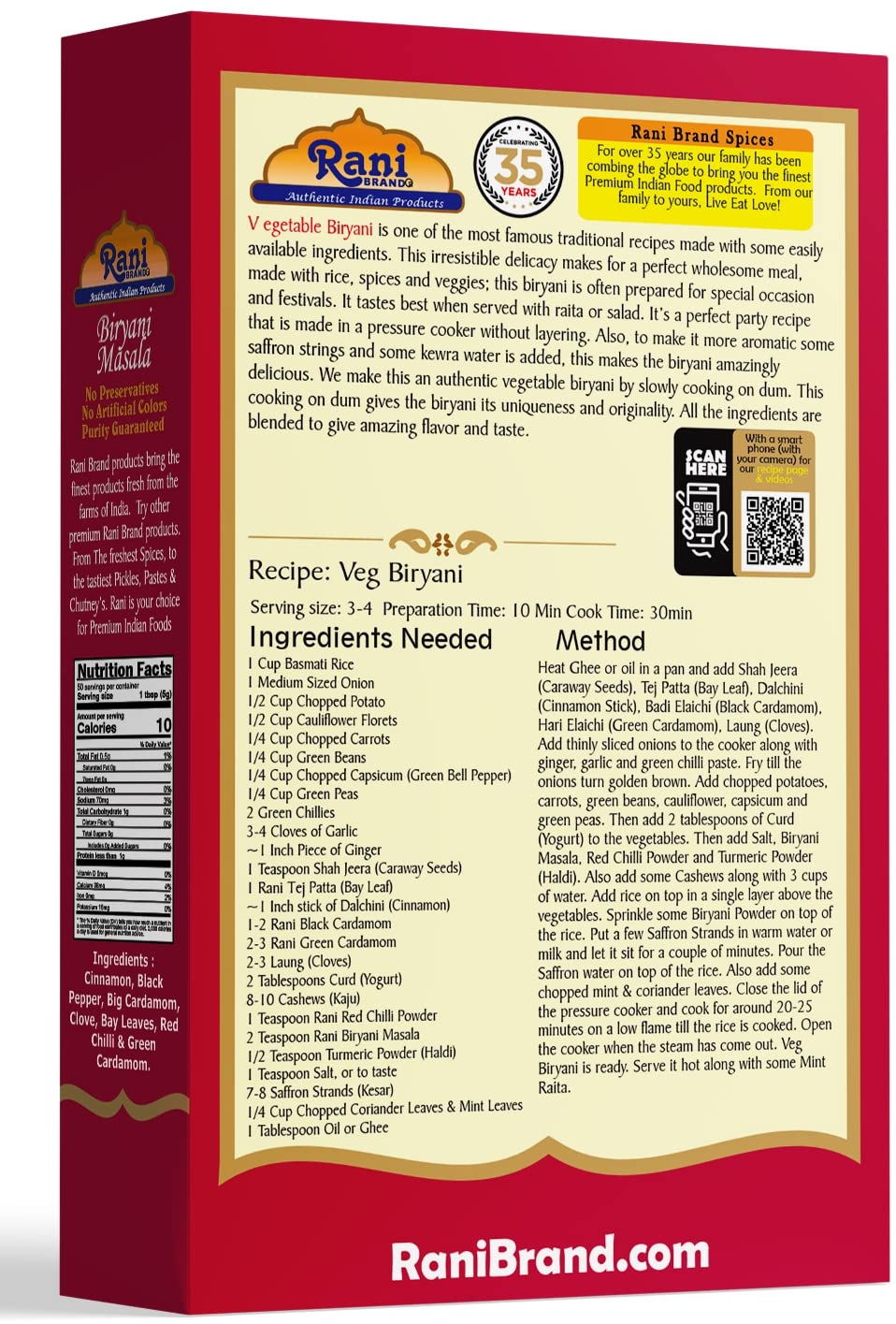 Rani Biryani Masala Curry (7-Spice Blend For Indian Rice Dishes, Pullao/Pilau) 1.75Oz (50G) ~ All Natural | Vegan | No Colors | Gluten Friendly | Non-Gmo | Indian Origin