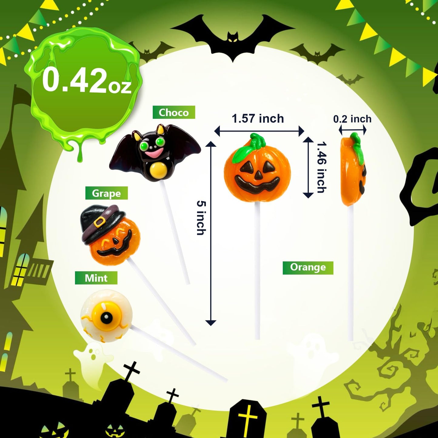 Trick or Treat - 32 Halloween Candy Lollipops Bulk  Hatted Jack-O-Lantern  Creepy Eyeball  Flying Bat and Pumpkin-Shaped Suckers Individually Wrapped Lollipop  Halloween  Assorted Fruit Flavors