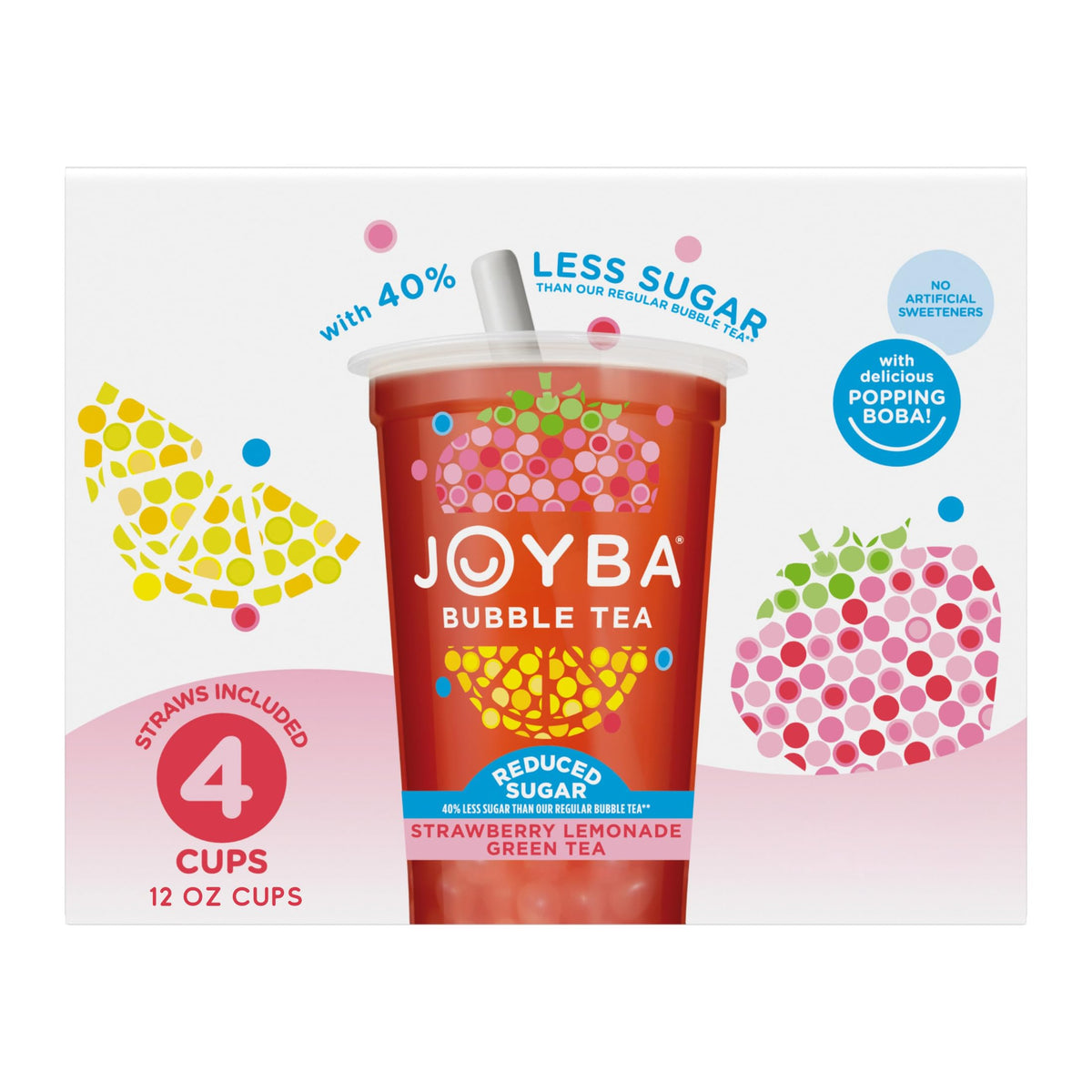 Joyba Reduced Sugar Strawberry Lemonade Flavored Green Bubble Tea, 4 Pack,12 fl oz. Cups
