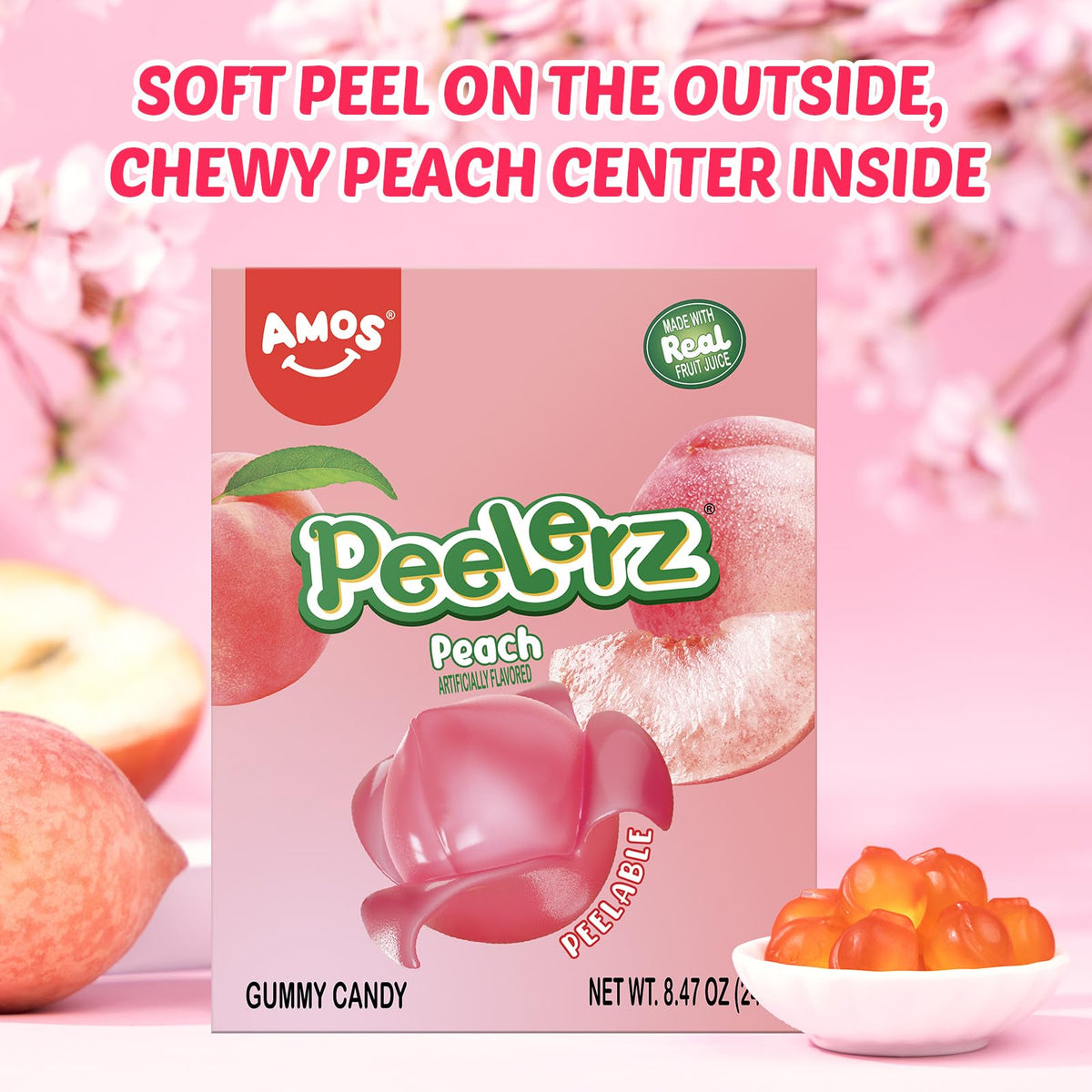 Amos Gummy Peach Candy, Peelable Fruit-Shaped Snack, 8.47oz Box with 10 Packs