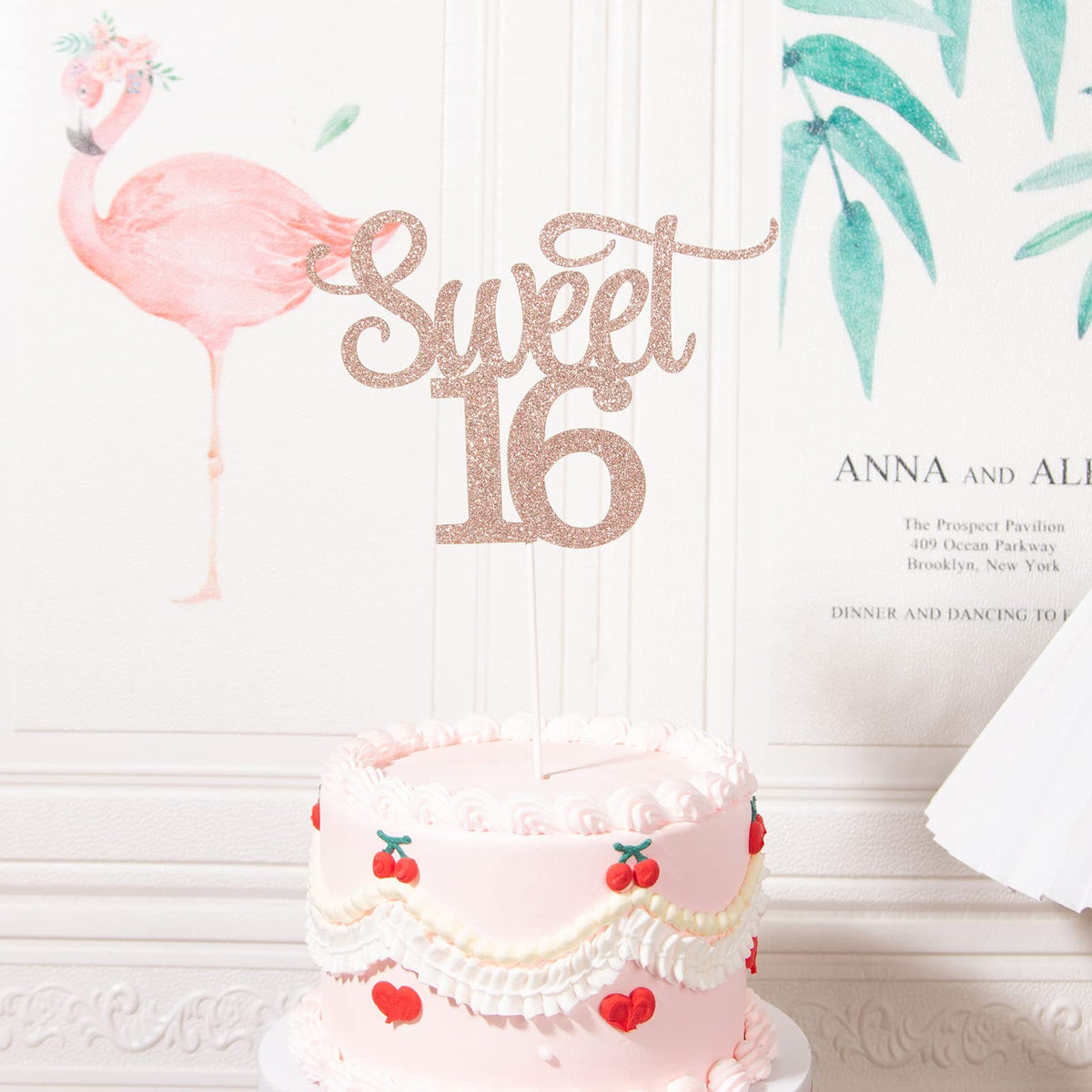 Gexolenu 1 Pcs Rose Gold Glitter Double-Sided Happy Sweet 16 Cake Toppers,16Th Cake Topper, Sweet 16 Birthday Cake Party Supplie