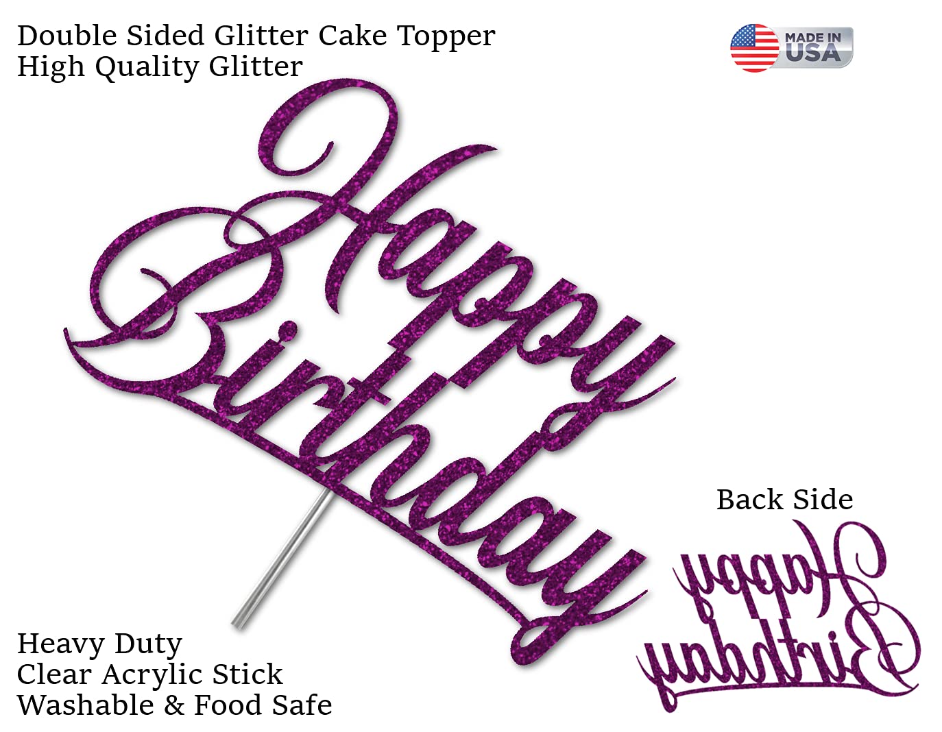 RokAPary Happy Birthday Glitter Cake Topper, Sturdy Double-Sided Acrylic, Purple
