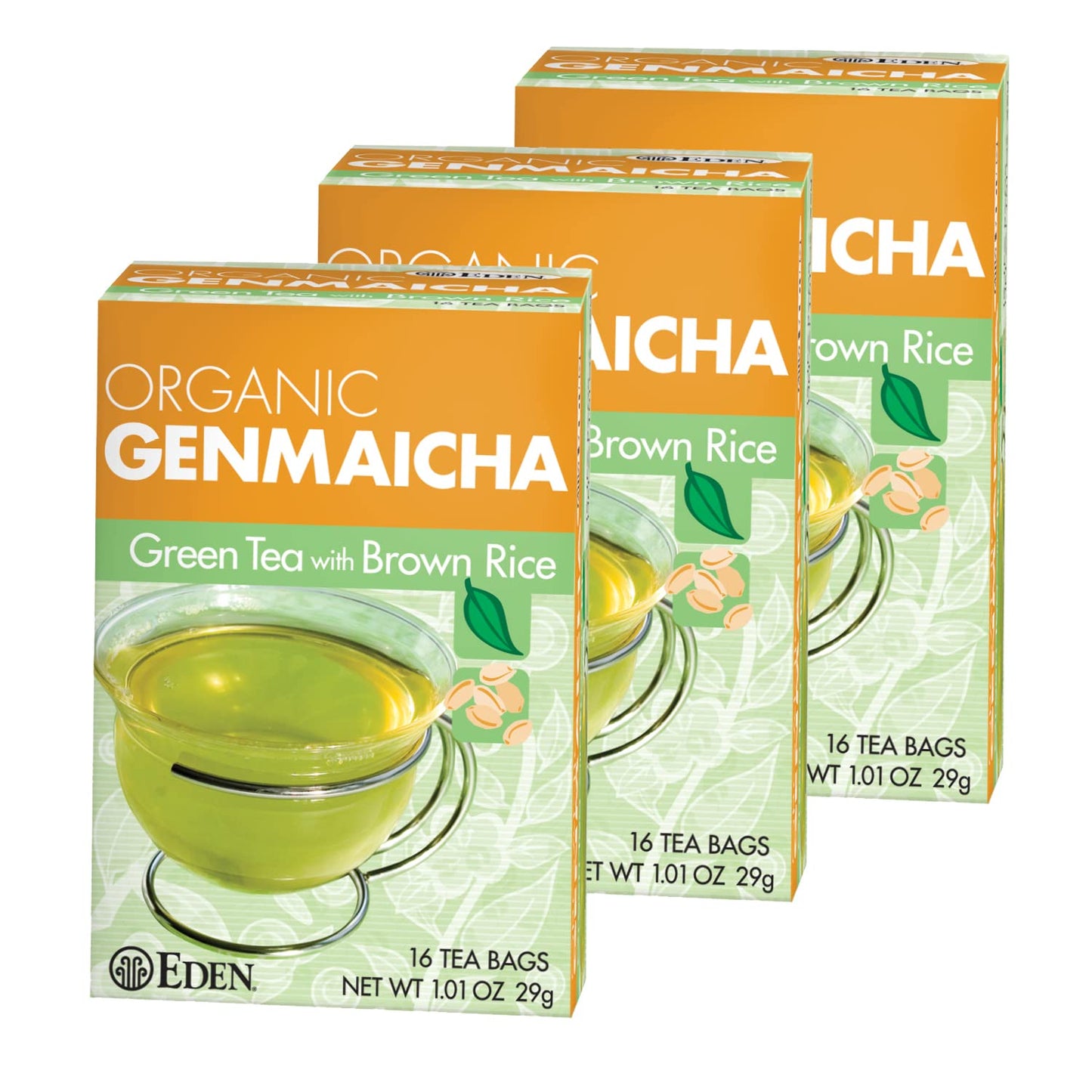 Eden Genmaicha Organic Green Tea, Sencha Green Tea With Roasted Organic Brown Rice, Japanese, 16 Unbleached Manila Tea Bags/Box (3-Pack)