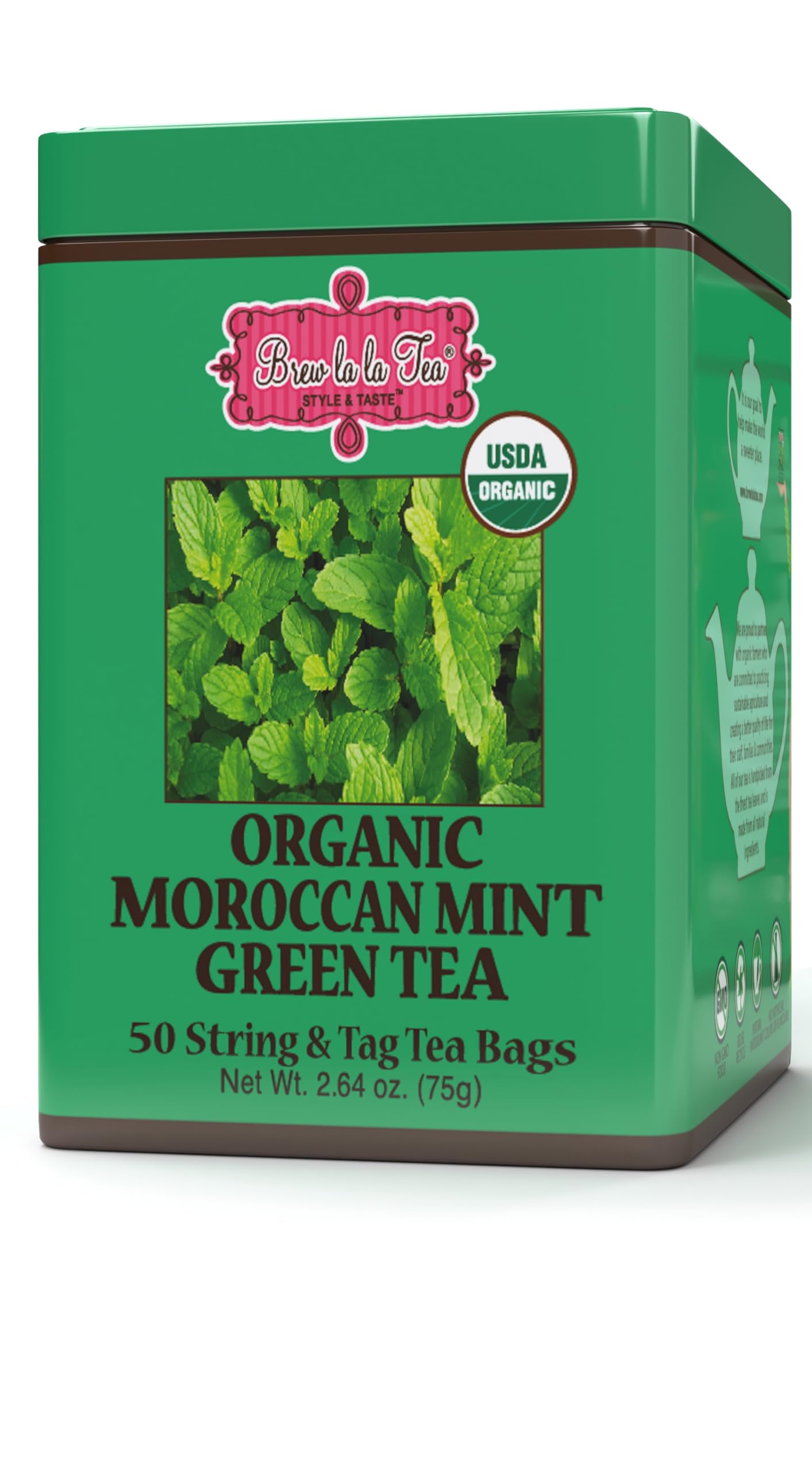 Brew La La Organic Green Tea - Moroccan Mint - 50 Count - Low Caffeine Gourmet Tea