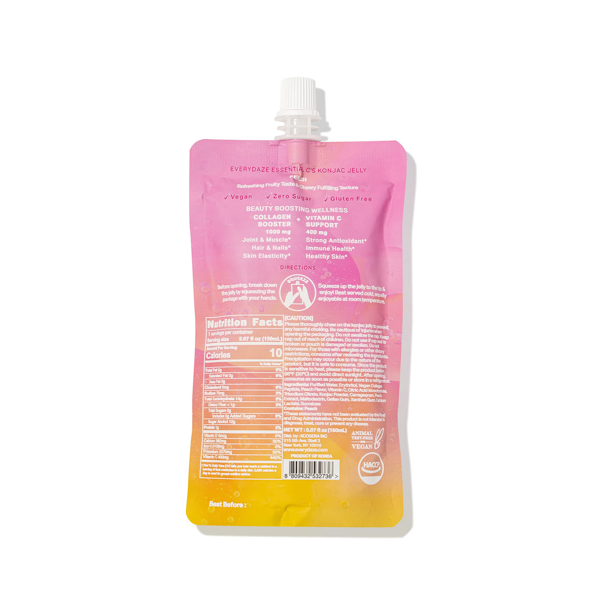 EVERYDAZE Essential Cs Konjac Jelly | Peach | Vegan Collagen Peptides, Gluten Free, Sugar Free, Low Calorie | Healthy Drinkable
