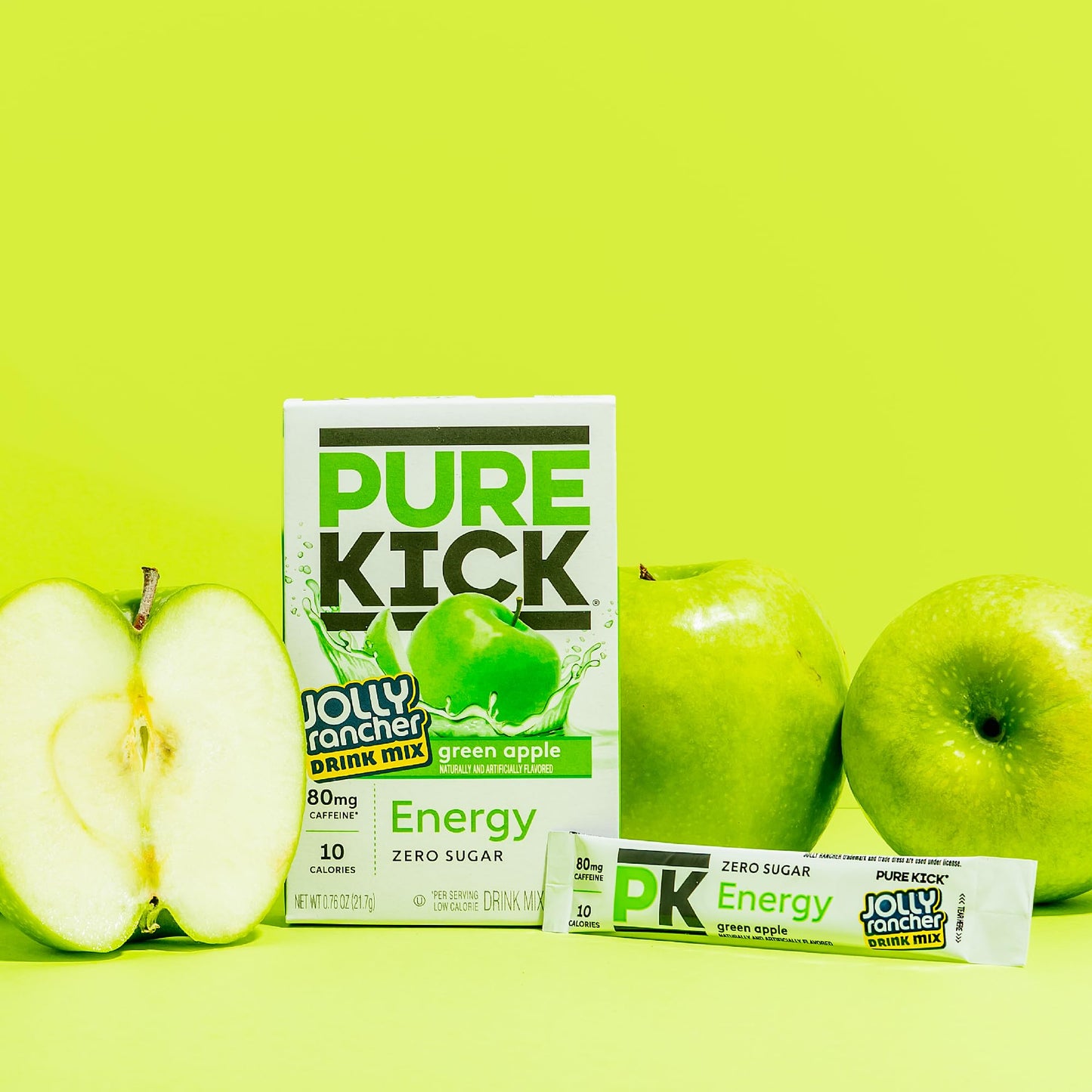 PURE KICK Energy Singles To Go Drink Mix, Jolly Rancher Green Apple, 72 Total Packets (12 Boxes of 6 Packets Each)