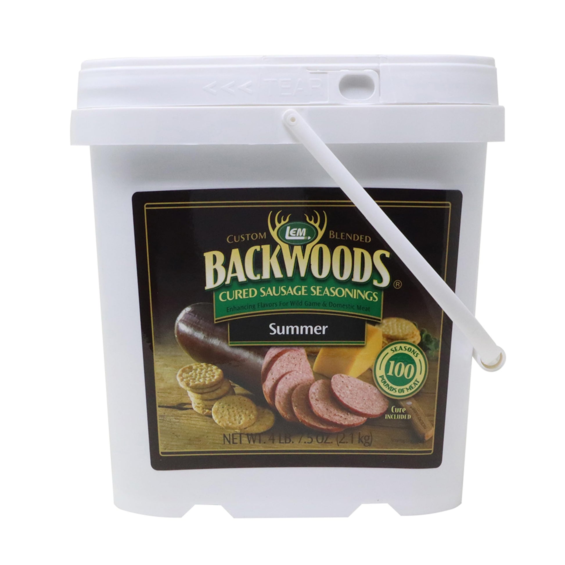 LEM Products Backwoods Summer Sausage Cured Sausage Seasoning, Ideal for Wild Game and Domestic Meat, Seasons Up to 100 Pounds of Meat, 4 Pound 7.5 Ounce Bucket with Pre-Measured Cure Packet Included