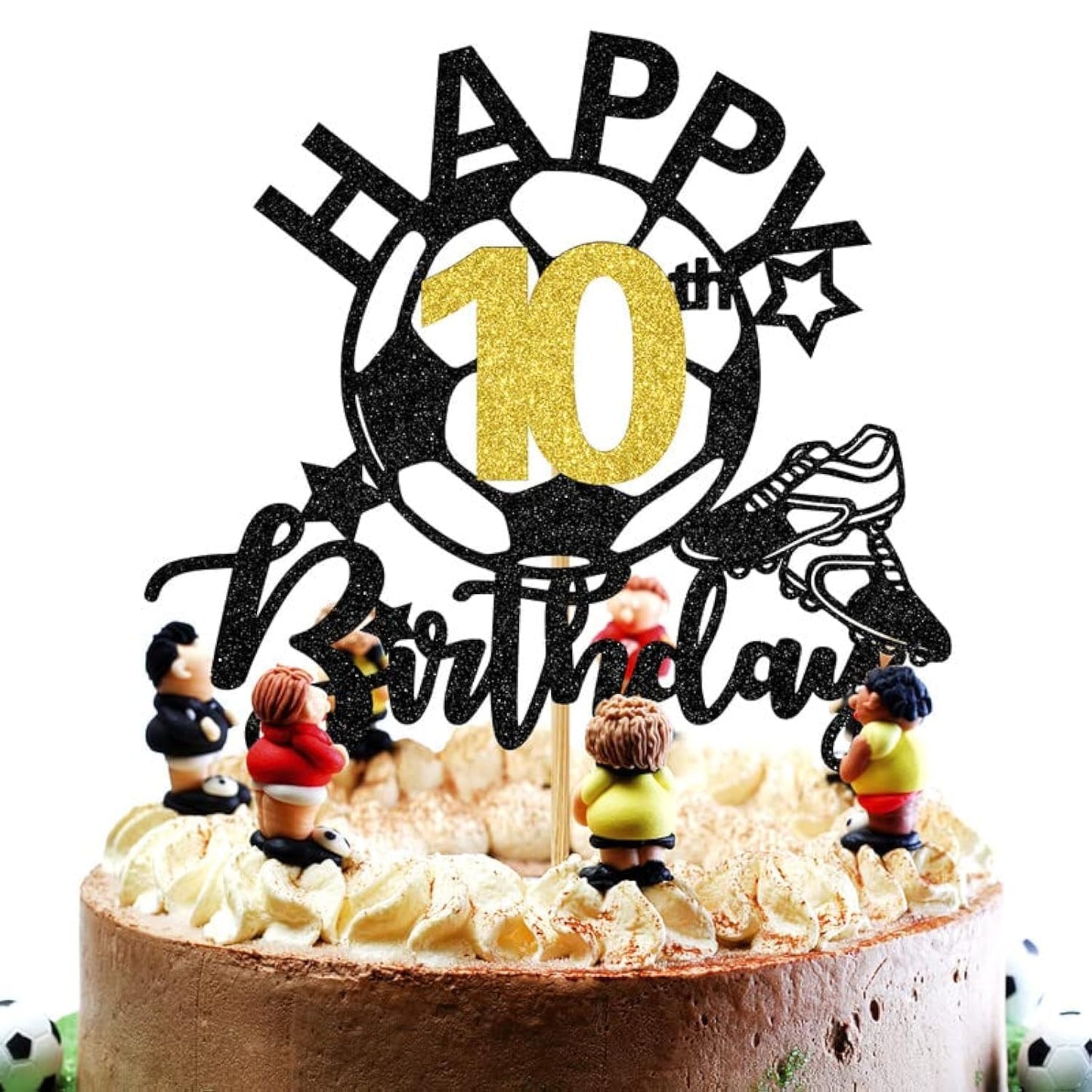 Aeryourtar Cake Topper Glitter Soccer Theme 10th Birthday Decorations for Boys and Girls - Paper, 10 Years Old
