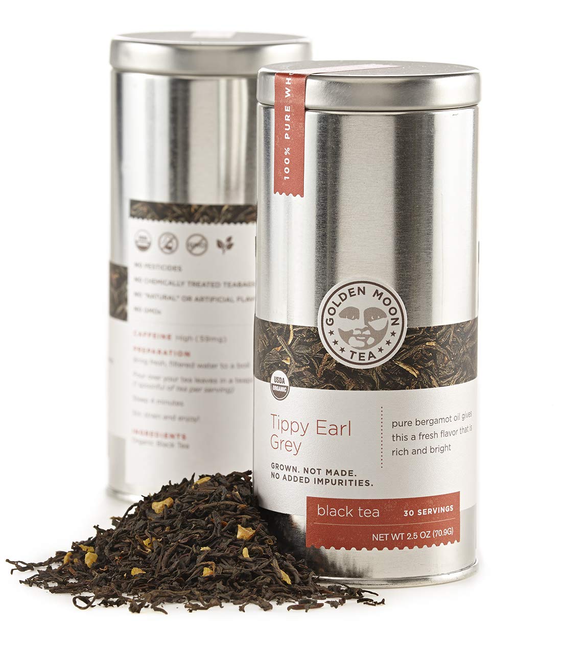 Golden Moon Tea Organic Tippy Earl Grey Black Tea - Real Bergamot Peels & Extract - Loose Leaf, Non-Gmo - Travel Tin (30 Serving