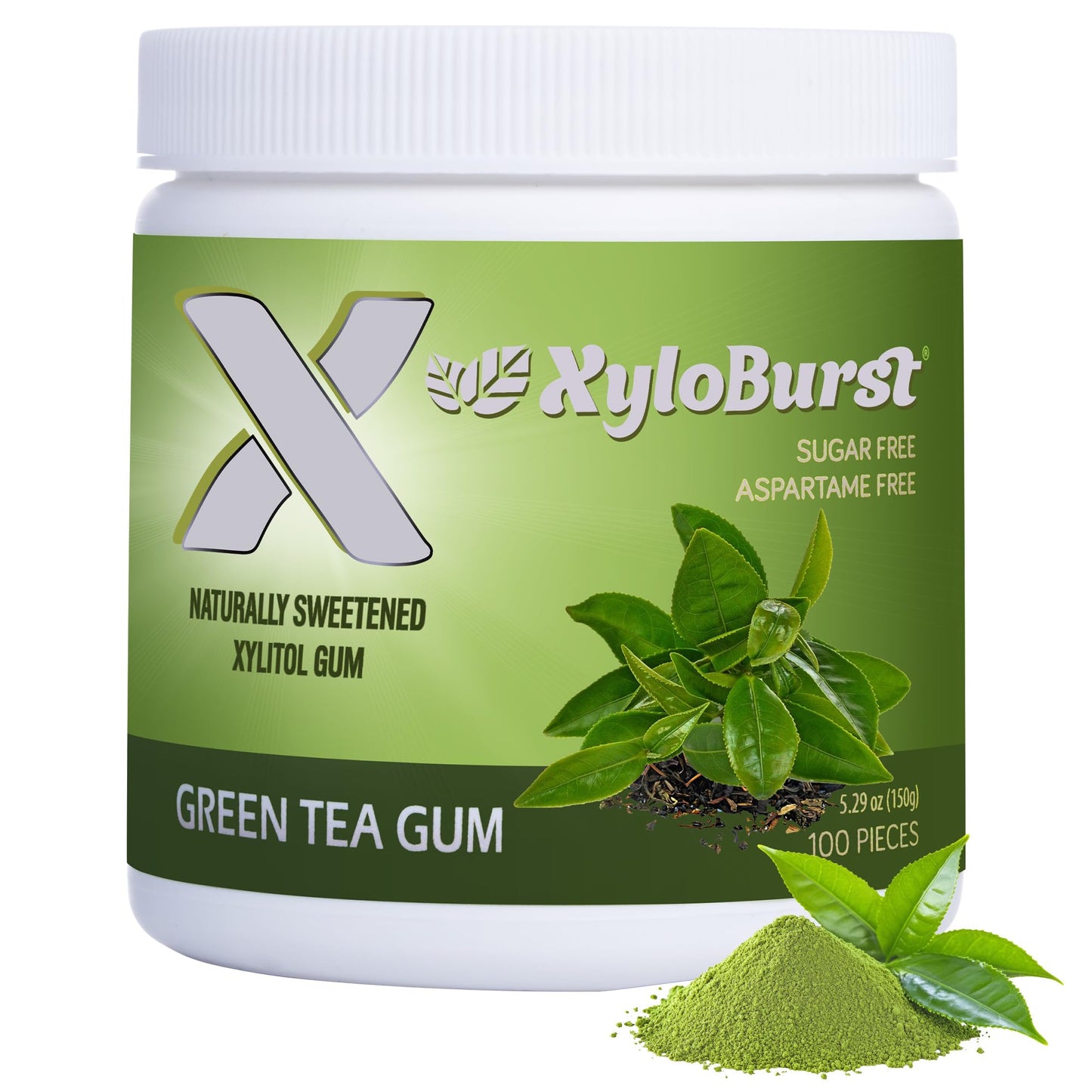 Xyloburst Sugar-Free Green Tea Gum - 100 Count Jar - Non-GMO, Vegan, Keto Friendly Chewing Gum