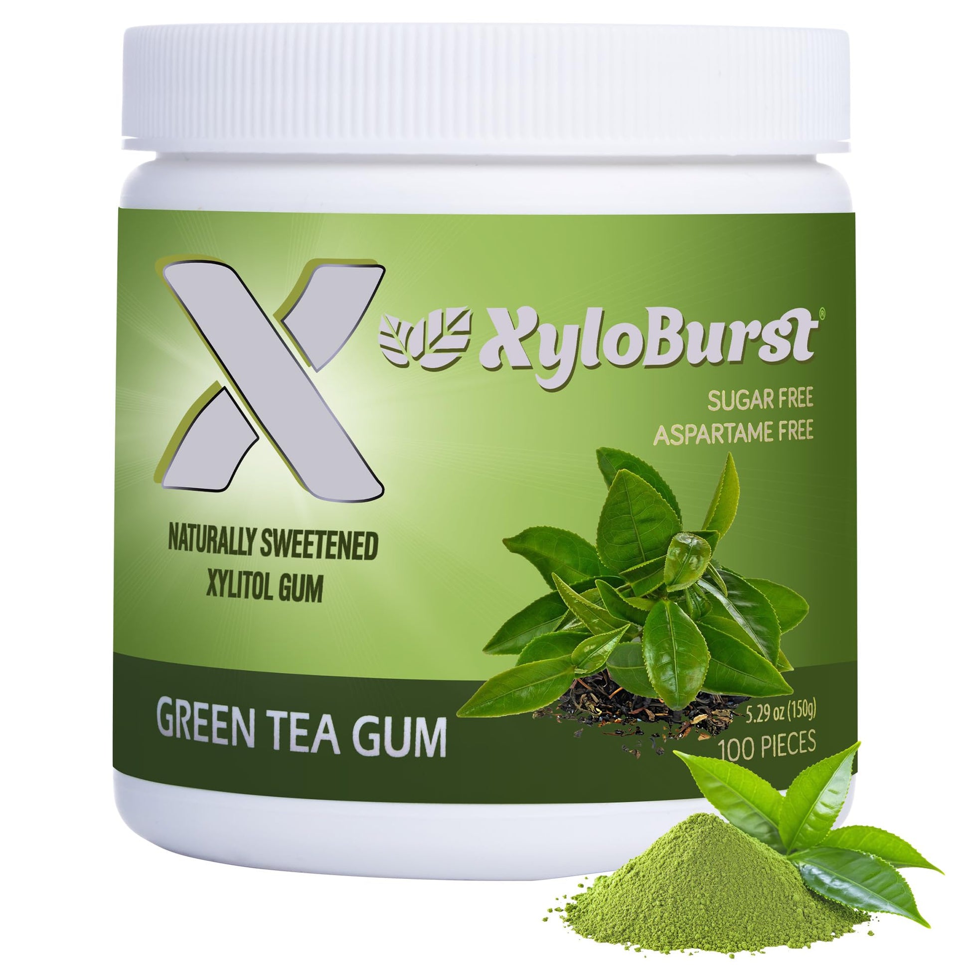 Xyloburst Sugar-Free Green Tea Gum - 100 Count Jar - Non-GMO, Vegan, Keto Friendly Chewing Gum