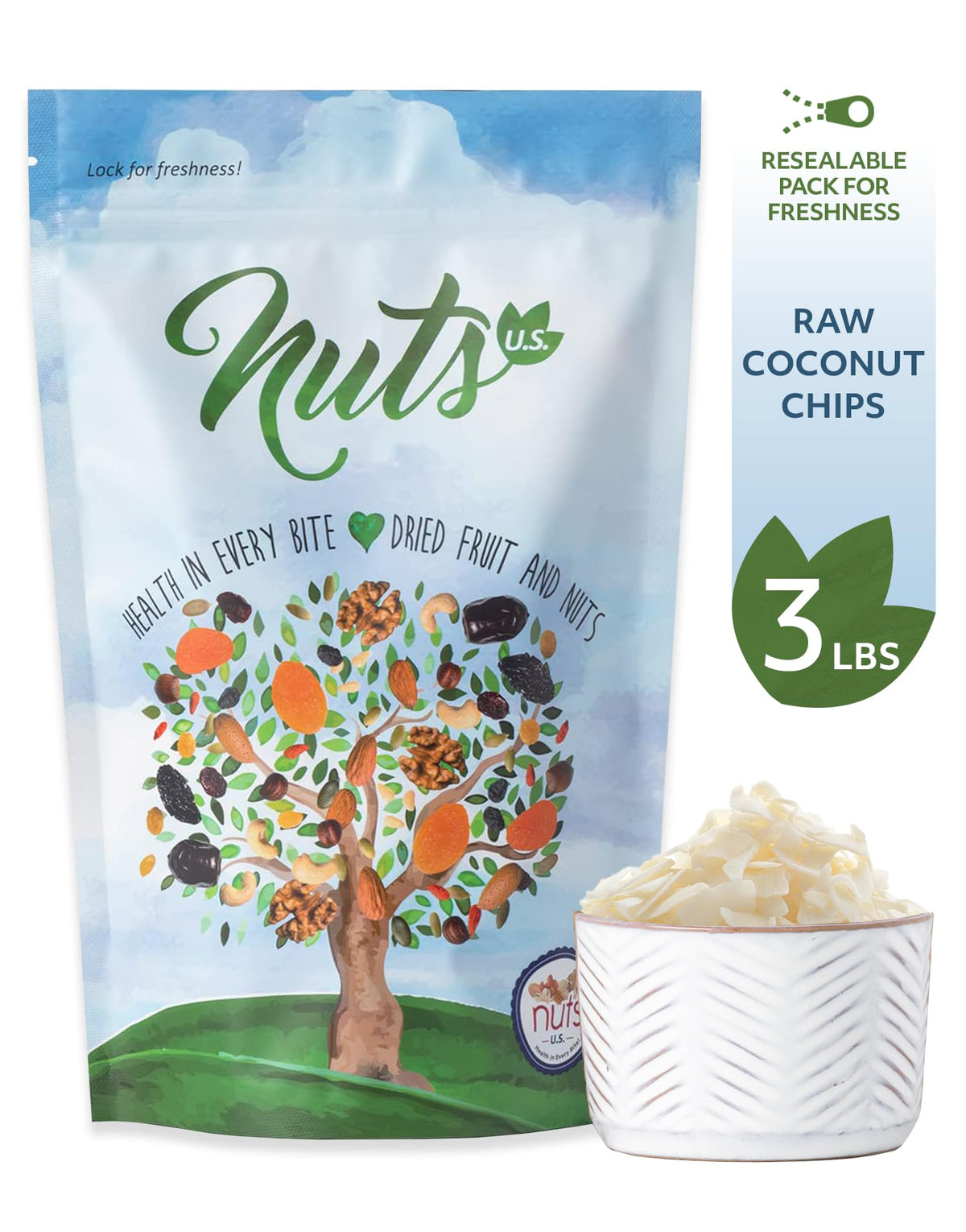NUTS U.S. - Coconut Chips | Unsweetened and Raw | Real Coconuts | Non GMO | Packed in a Resealable Bag!!! (3 LB)
