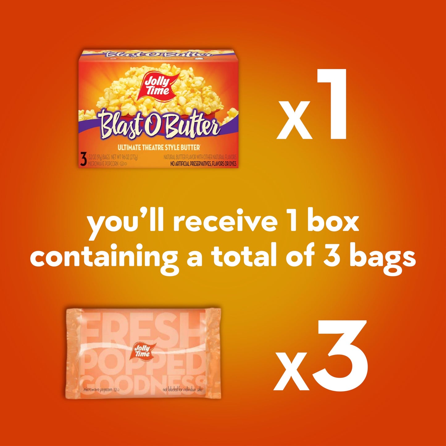 Jolly Time Blast O Butter, Ultimate Movie Theater Butter Microwave Popcorn, 3.2Oz Sharing Bag, 3 Bags Per Carton (Blast O Butter, 3.2 Ounce (Carton Of 3))