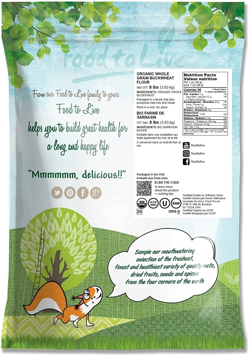 Food To Live Organic Whole Grain Buckwheat Flour, 8 Pounds - Non-Gmo, Kosher, Unbleached, Unbromated, Unenriched, Stone Ground,