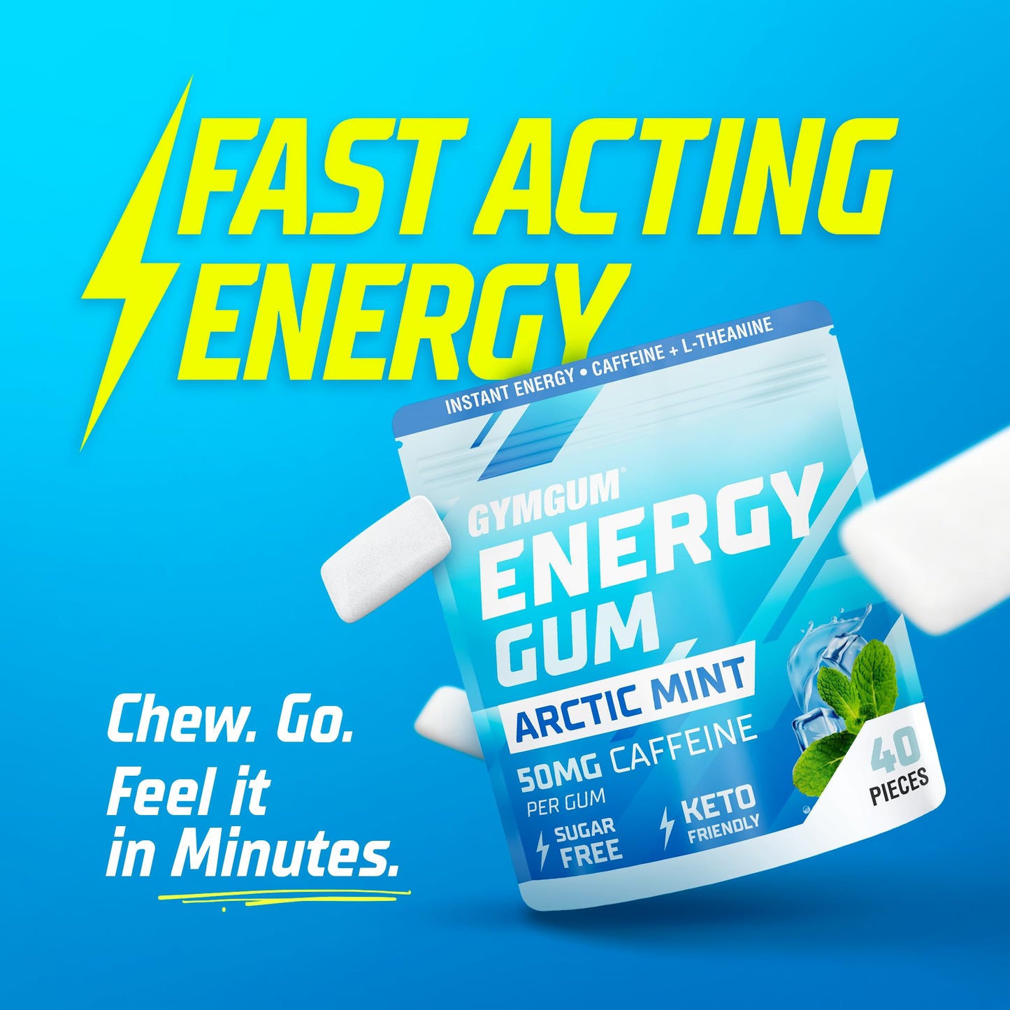 GYMGUM Energy Caffeine Gum, Sugar-Free & Keto-Friendly, 50mg Caffeine, 10 Count