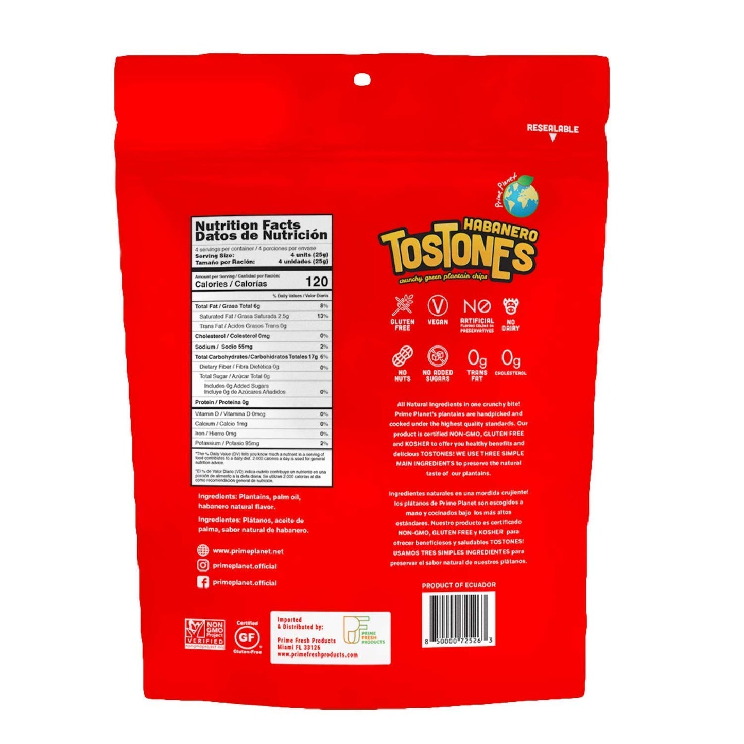 Prime  t Tostones Green Plantain Chips, Habanero Flavor, 3.53 Oz (Pack of 8), Crunchy Snacks