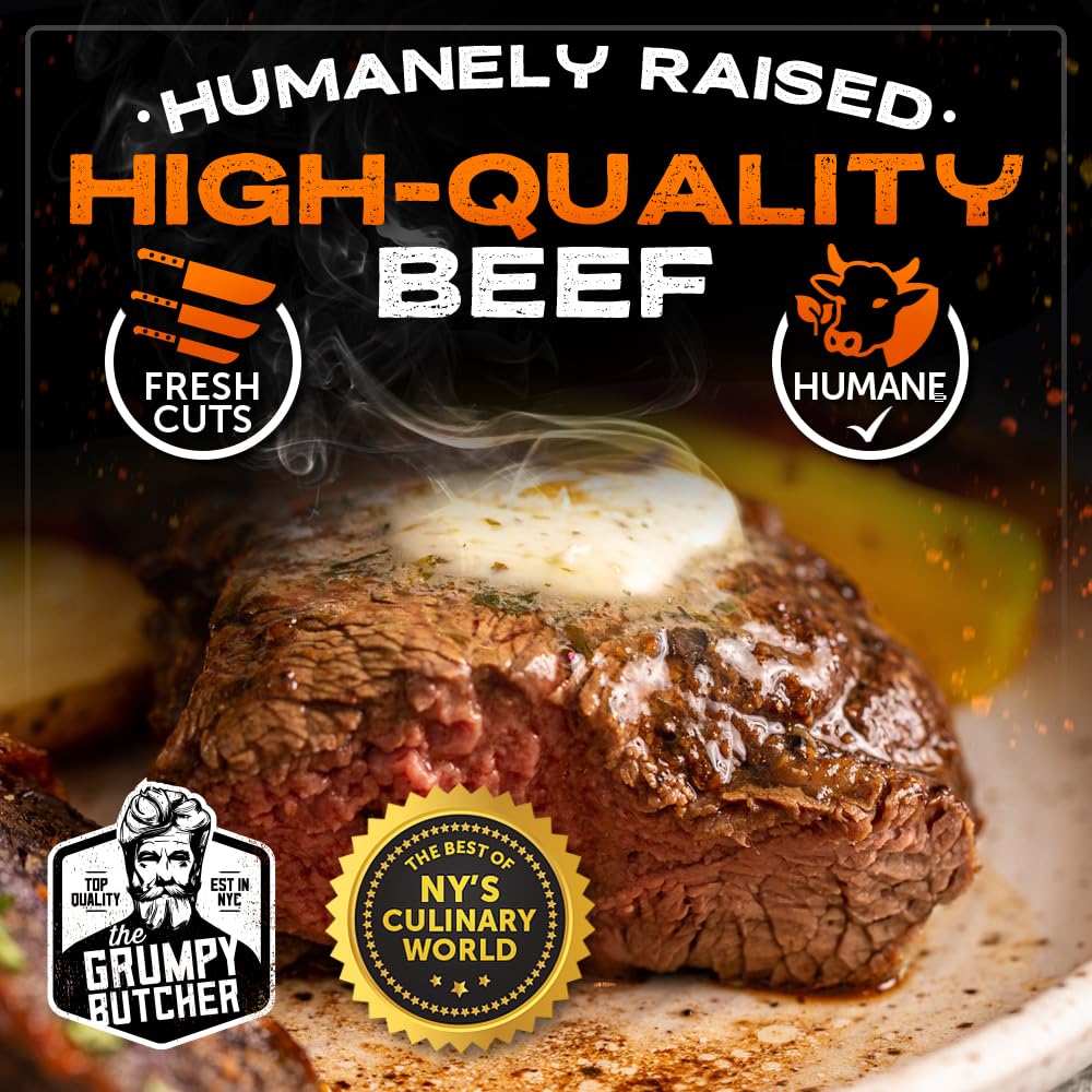 Grumpy Butcher Large Filet Mignon Steak (8 Oz Each, 12 Pack) | Steak House Size Beef Tenderloin Center Cut | Bulk Steak Package
