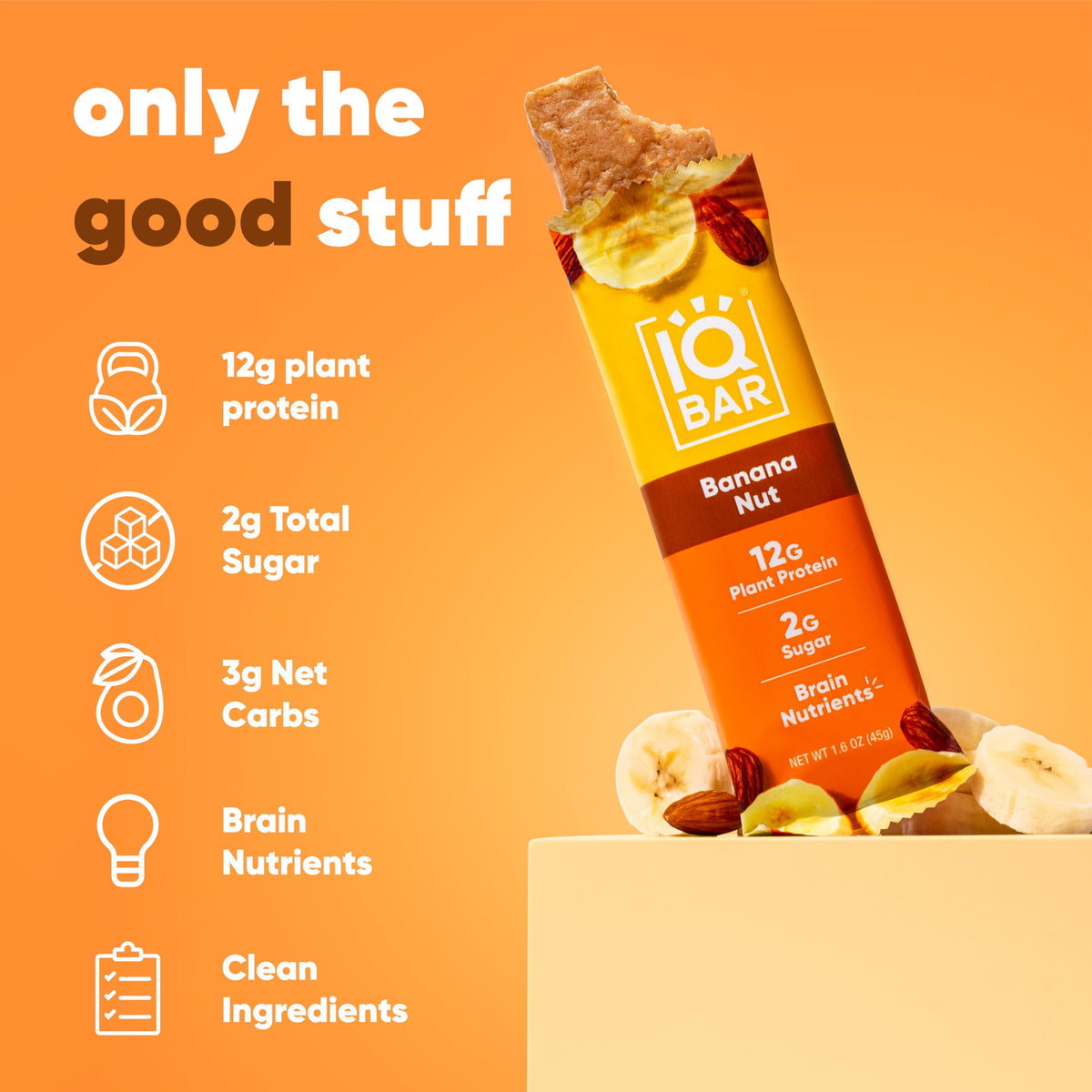 IQBAR Brain and Body Plant Protein Bars - Banana Nut - 12-Count Low Carb - Gluten Free, High Fiber, Vegan Snacks - Low Sugar Mea
