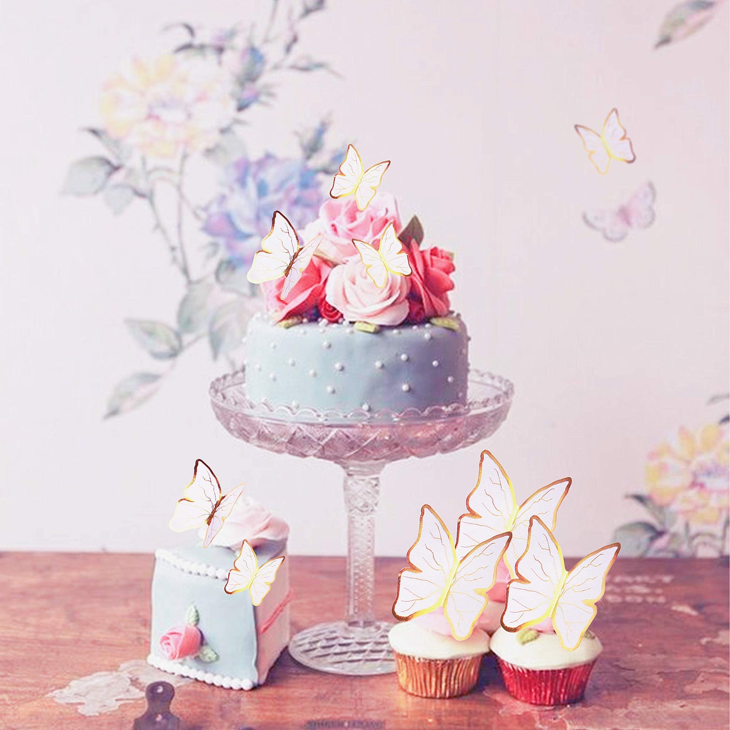 Cyodoos 30Pcs White Gold Edge Mixed Size Lively 3D Waterproof Butterfly Cupcake Topper For Girls Women'S Happy Birthday Wedding