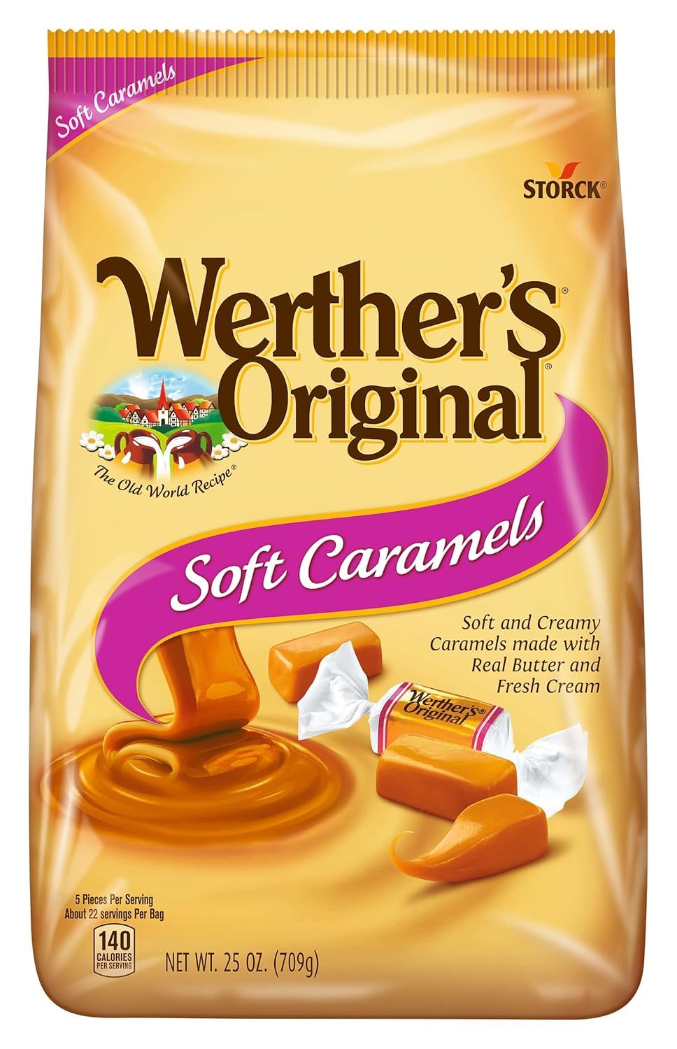Werthers Soft Caramel  Original Caramel Cream 25 Ounce Bags (Pack of 2) - Individually Wrapped Werther Chewy Caramels - The Hampton Popcorn & Candy Company