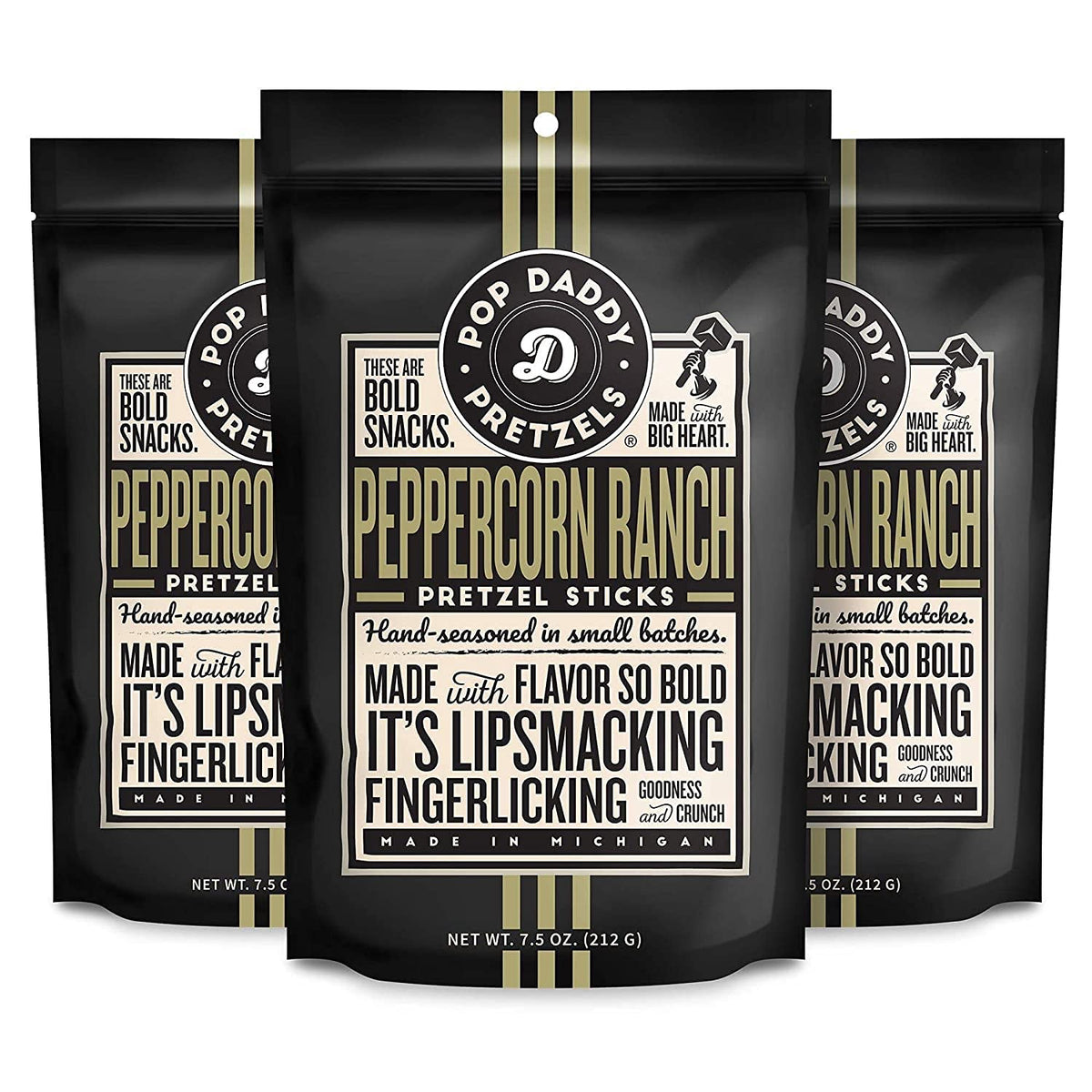 Pop Daddy Flavored Pretzels Sticks | Healthy Gourmet Pretzels Snacks | 7.5Oz Individual Bags | 3 Pack | Peppercorn Ranch