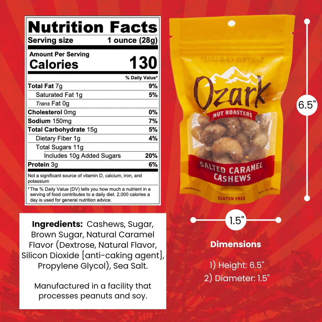 OZARK NUT ROASTERS, Salted Carmel Cashews, Flavored Snack Nuts, World-Class Gourmet Candied Peanuts, 3 Ounces Resealable Pack