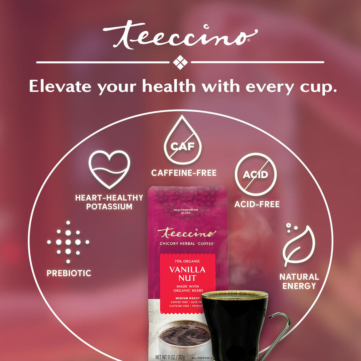 Teeccino Vanilla Nut Chicory Coffee Alternative, Medium Roast, 11 Ounce, Caffeine Free, Acid Free, 75% Organic