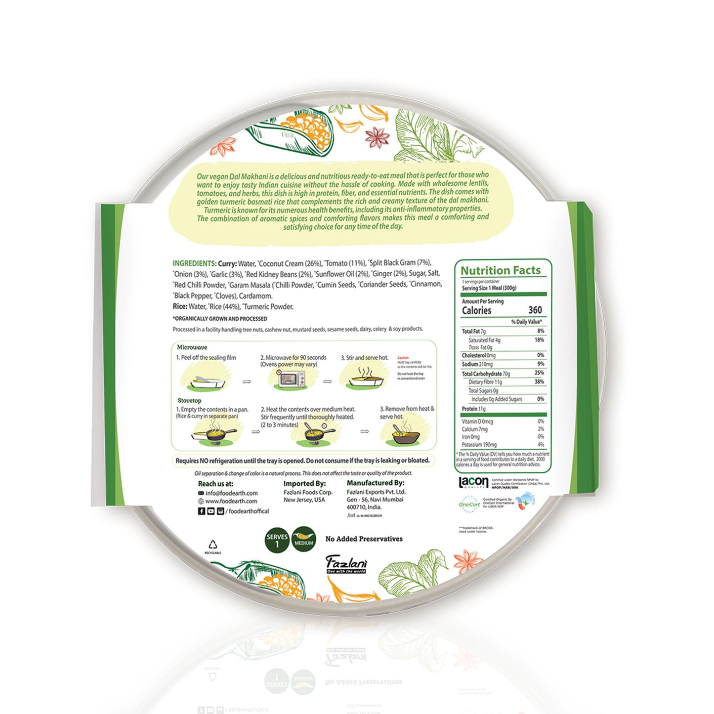 Food Earth Ready To Eat Indian Meal - Bombay Lentil Curry With Turmeric Rice - Organic, Vegan, Gluten-Free, Gmo-Free, Plant-Base