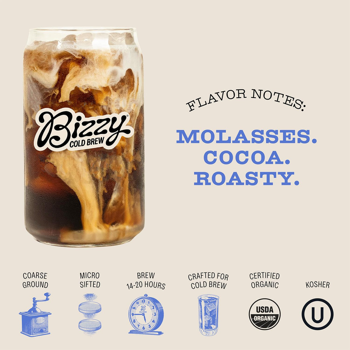 Bizzy Organic Cold Brew Coffee Dark & Bold Blend Coarse Ground 1 LB Blue