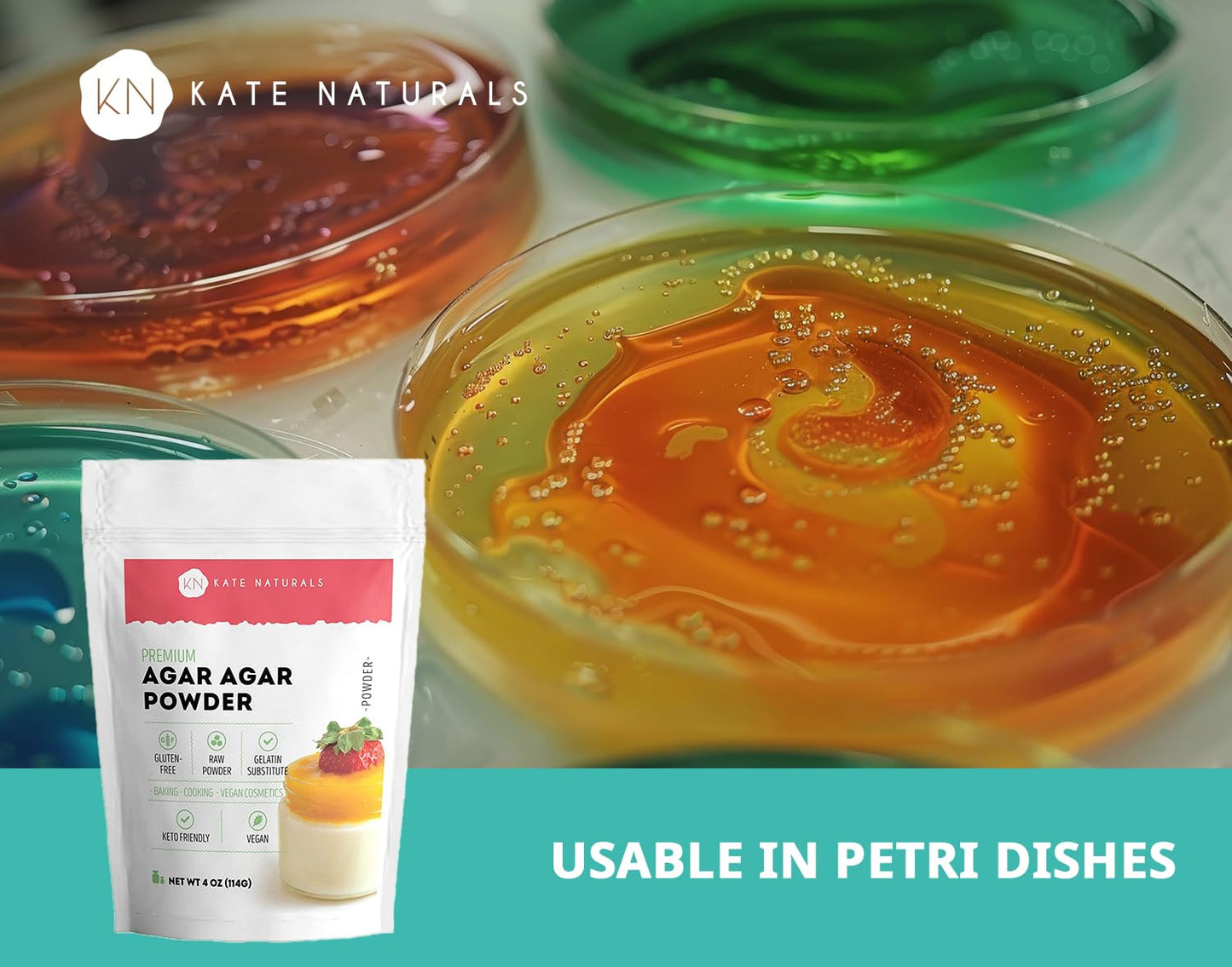 Kate Naturals Agar Agar Powder - Vegan Gelatin Substitute, 4oz, Unflavored, Plant-based, Perfect for Cooking & Petri Dishes