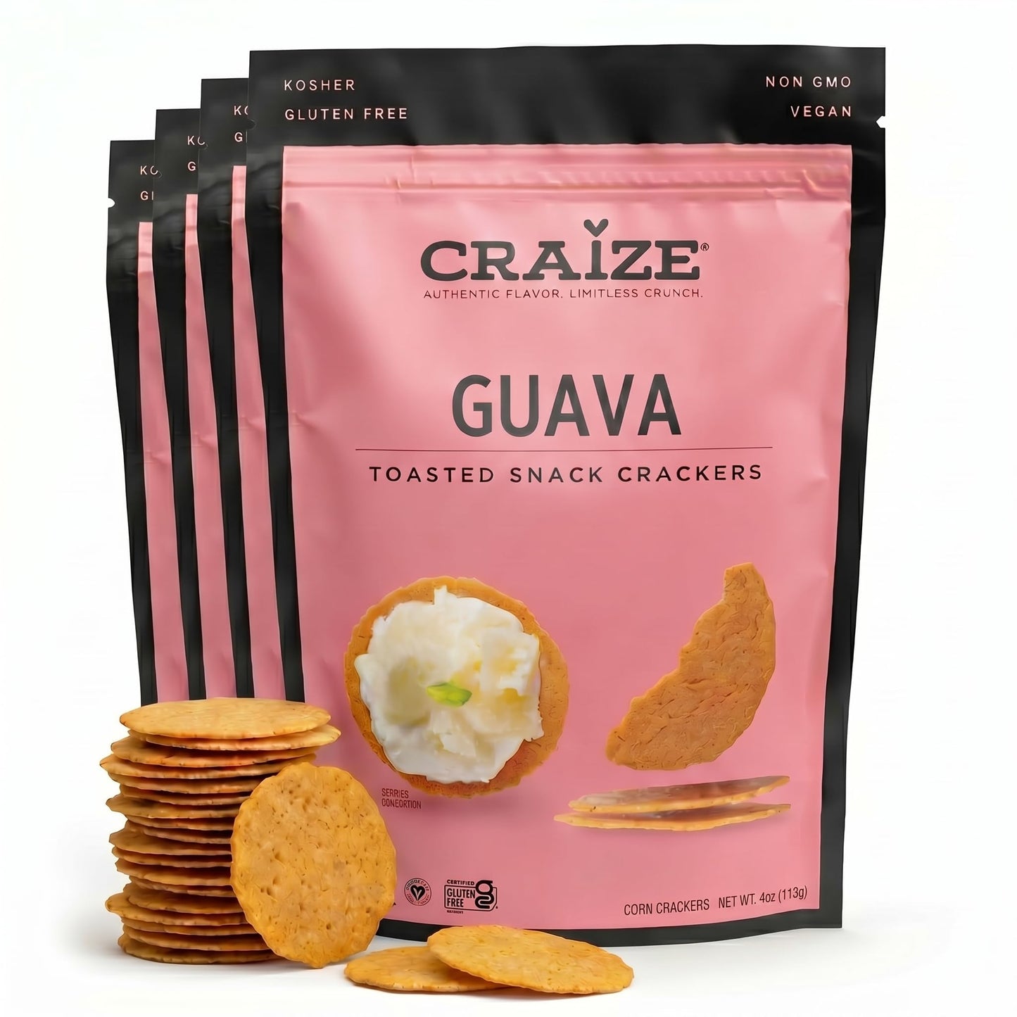 Craize Guava Crisps | Gluten Free, Vegan, Kosher, Toasted Corn Crackers | 4 pack, 4 oz each