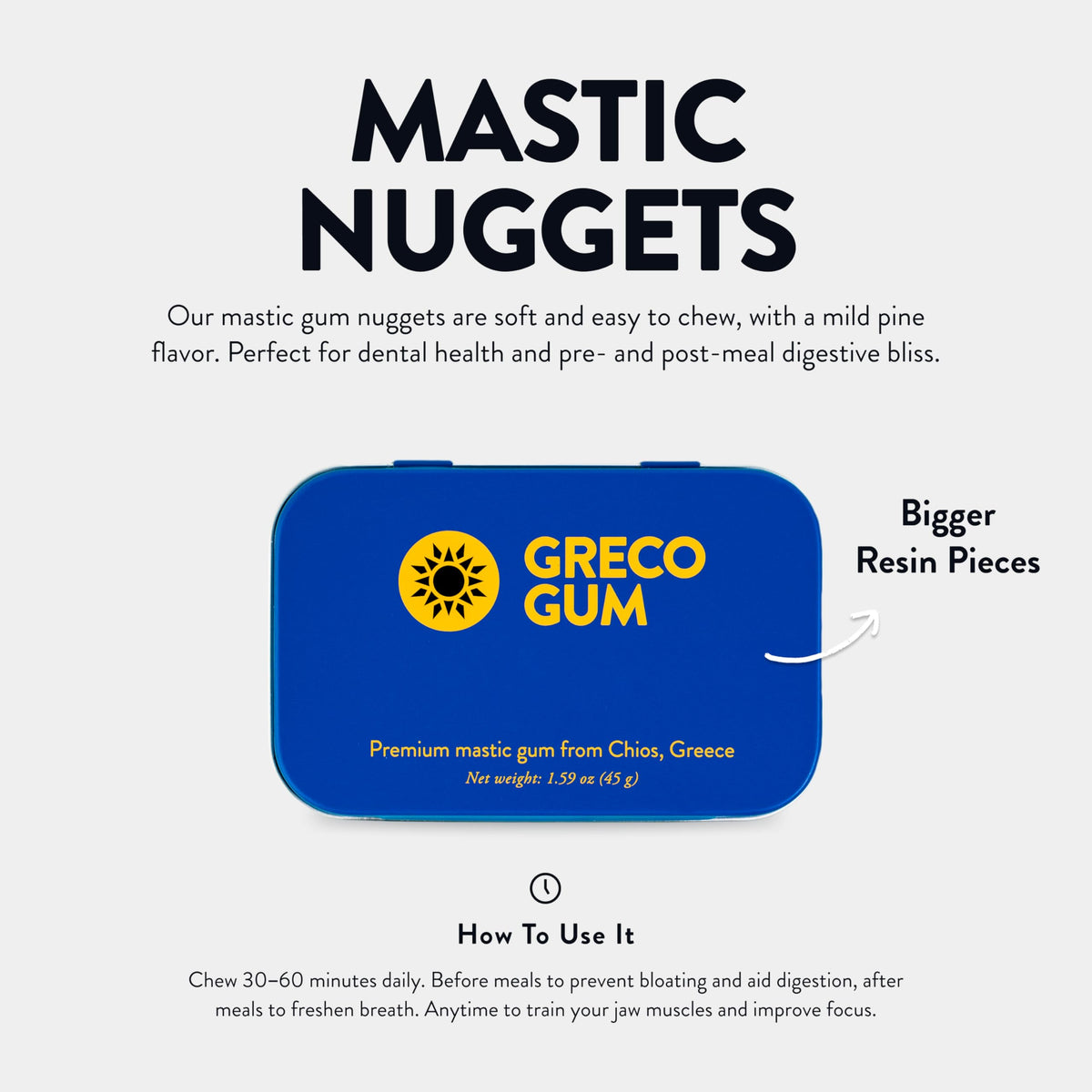 Greco Gum - Mastic Gum Nuggets - Large Pieces Hard Chewing Gum for Jawline Training, Digestive Support, Bloating Relief - Piney