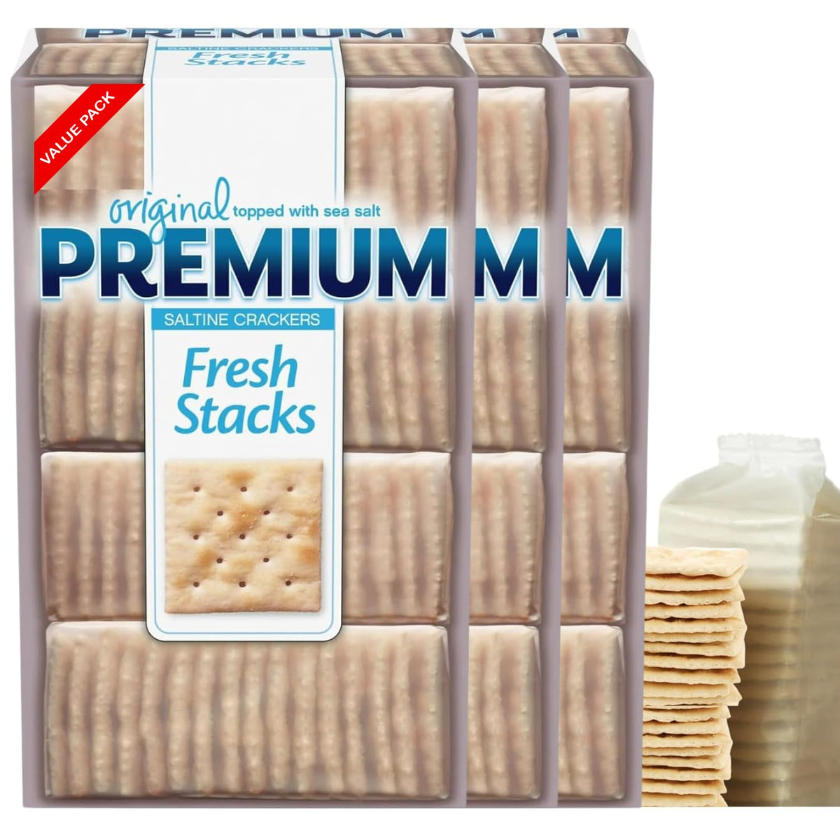 Top-Grade Fresh Stacks Oriflavor Blendal Saltine Breakers - 13.6 Oz (3 Pack Of 8 Stacks) - Topped With Sea Salt - Crisp  Light  And Versatile - Healthy Snacks For Soups  Dips  And Everyday Enjoyment (Luxenton Tradmark Spoon Included) (3)