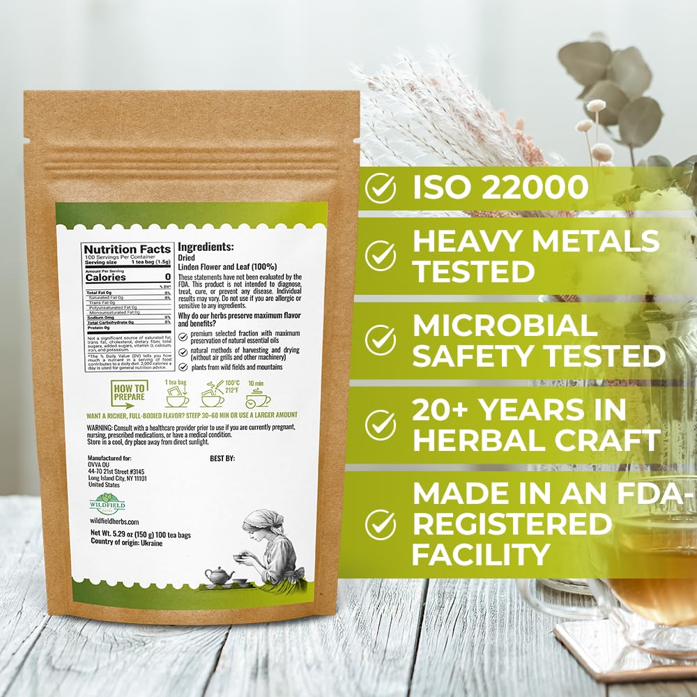 100 Bags Linden Tea Dried Linden Flower Tea Herbal (Tilia Cordata) - 100 Count 1.5G Bags Herb Lipa