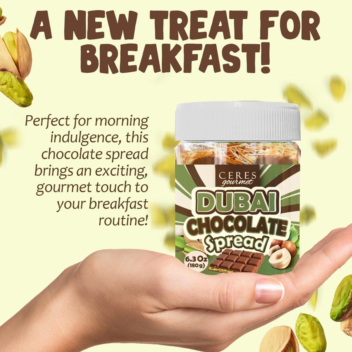 Dubai Chocolate Spread - 6.35 oz Jar with Pistachio  Kataifi & Gourmet Dubai Chocolate Filling for Pancakes  Breakfast  Snacks  and Desserts