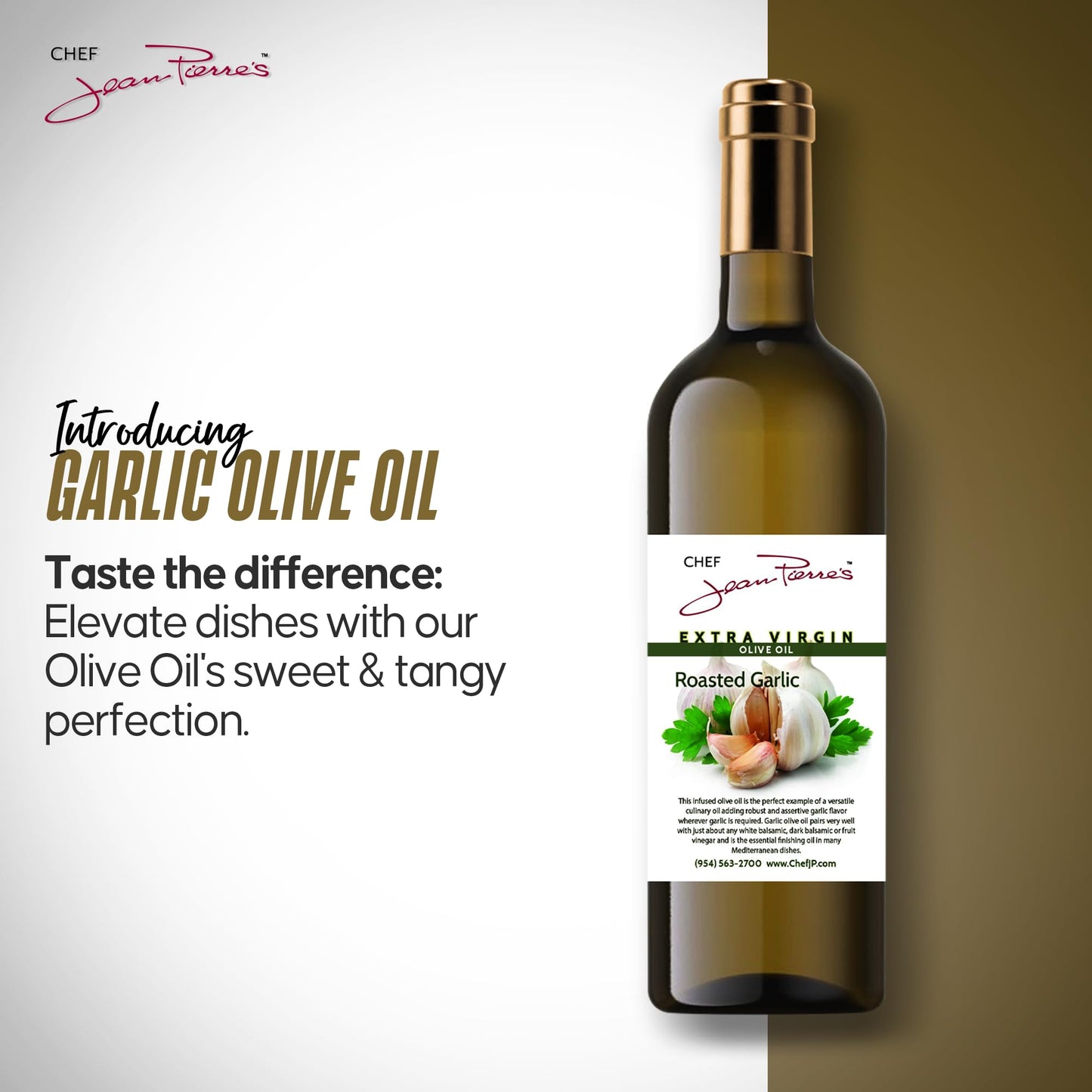 Chef Jean Pierre'S Extra Virgin Roasted Garlic Olive Oil - 375Ml (12.5Oz) Glass Bottle - Naturally Infused With Sweet And Tangy